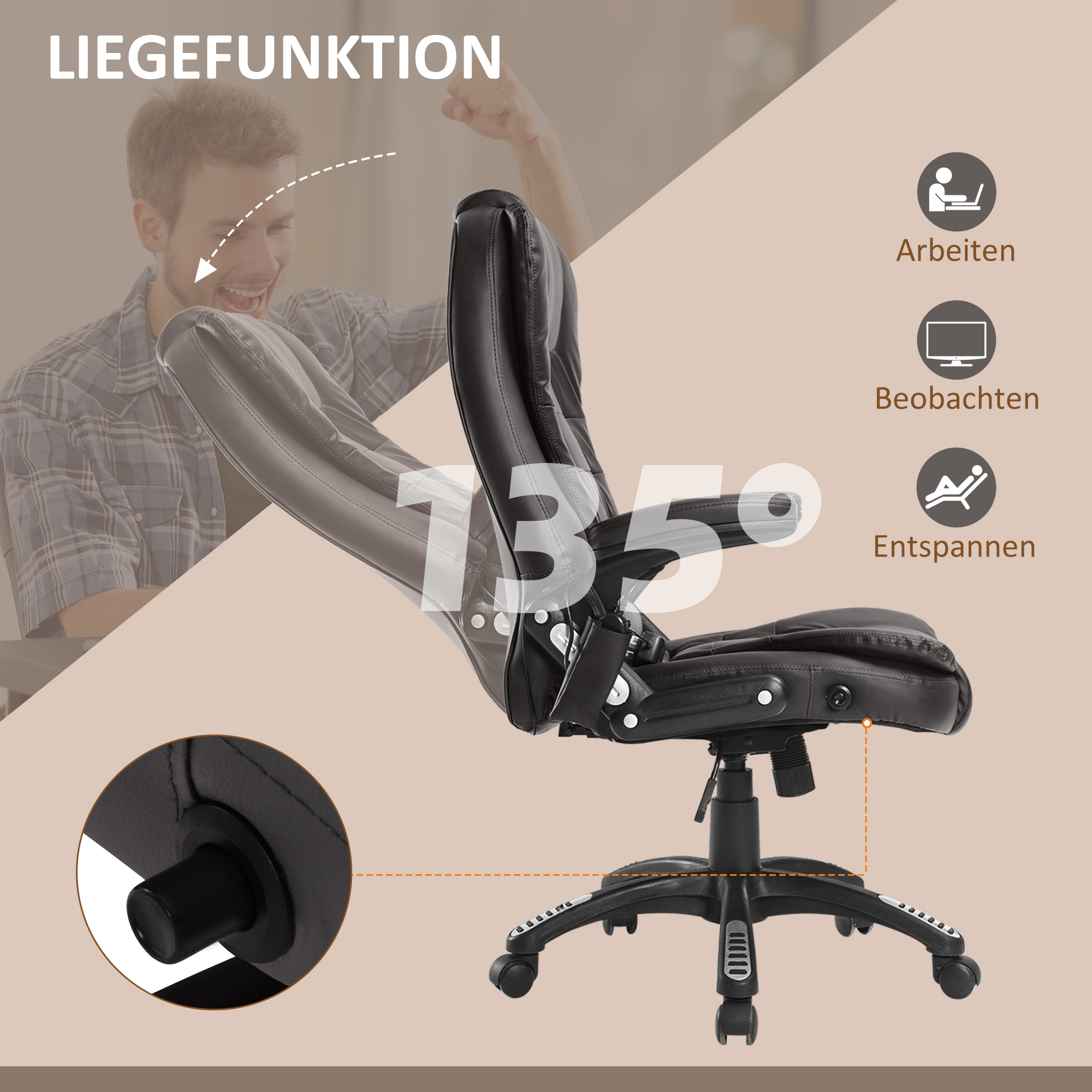 Bürostuhl mit Massagefunktion Ergonomischer Chefsessel mit Heizfunktion, Liegefunktion, Wippfunktion, Höhenverstellbar 360° Drehbar Schreibtischstuhl, Kunstleder, Braun
