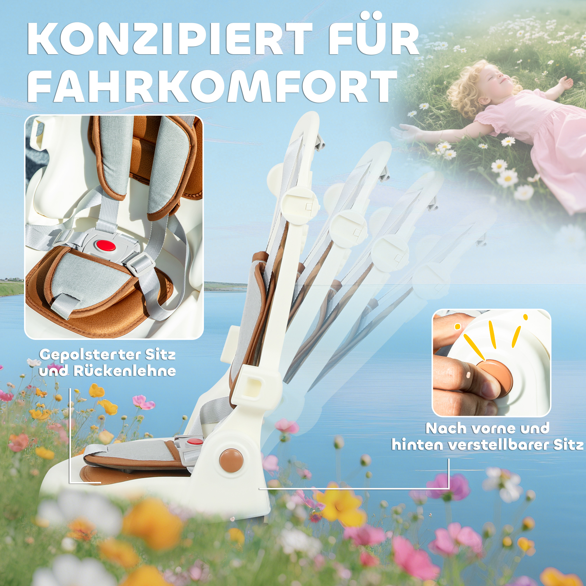 Kinder-Dreirad, wandelbarer Baby-Buggy, 5-in-1 Design, abnehmbarer Schiebegriff, verstellbar, Sicherheitsgurt, Aufbewahrungstasche, 1-3 Jahre, Cremeweiß