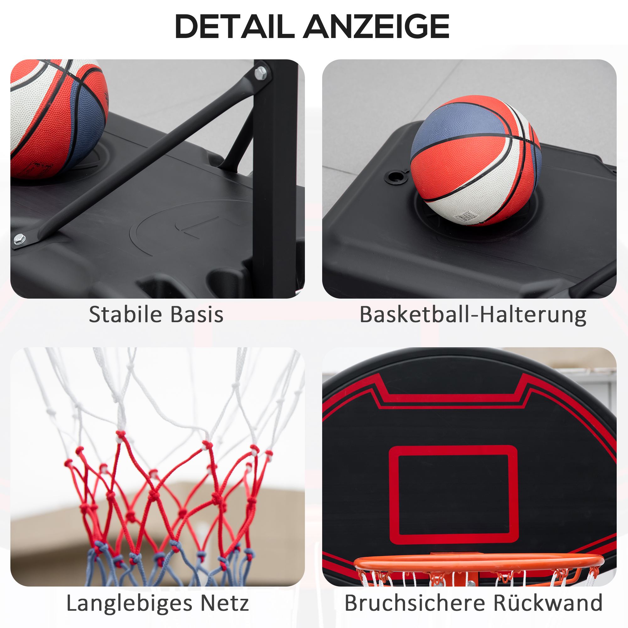Basketballkorb, höhenverstellbar, befüllbarer Standfuß, hochstabil, schwarz, 131 x 49 x 195-250 cm