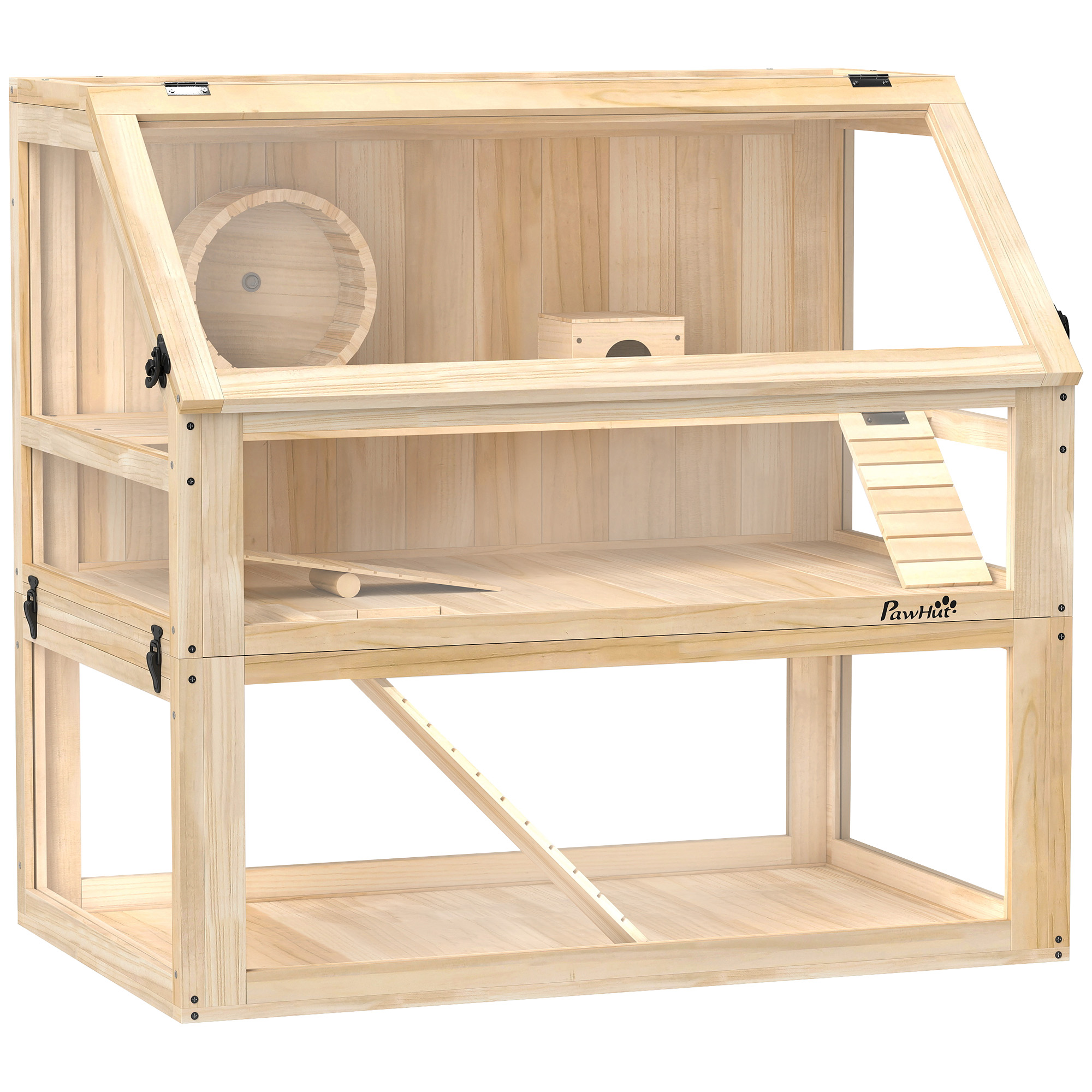 Hamsterkäfig aus Holz 3 Etagen Nagarium Nagerkäfig mit klappbarem Deckel Laufrad 80 x 50 x 76 cm Naturholz Hamsterkäfig aus Holz 3 Etagen Nagarium Nagerkäfig mit klappbarem Deckel Laufrad 80 x 50 x 76 cm Naturholz