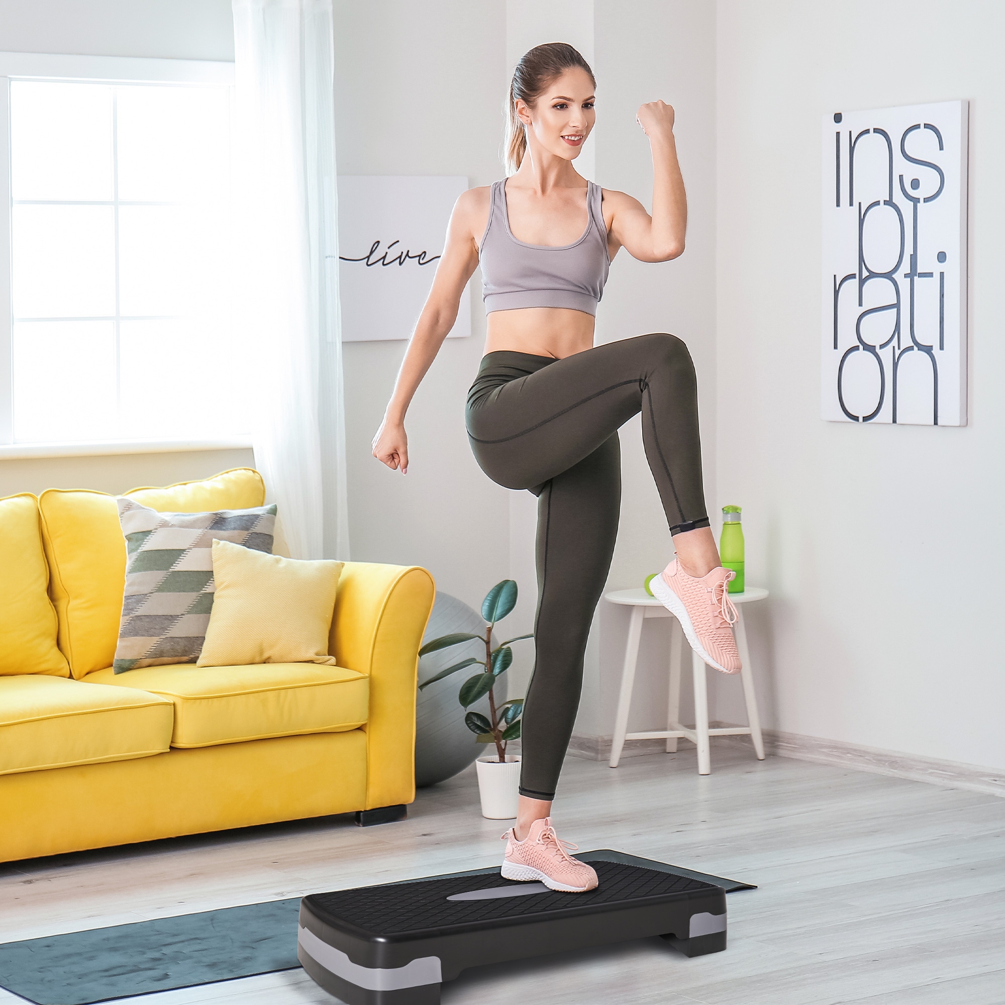 Steppbrett Aerobic Stepper 2-Stufig Höhenverstellbar 10-15cm, Rutschfest Fitness Stepper, Mini Steppbrett für Zuhause Heim Büro, Schwarz+Grau