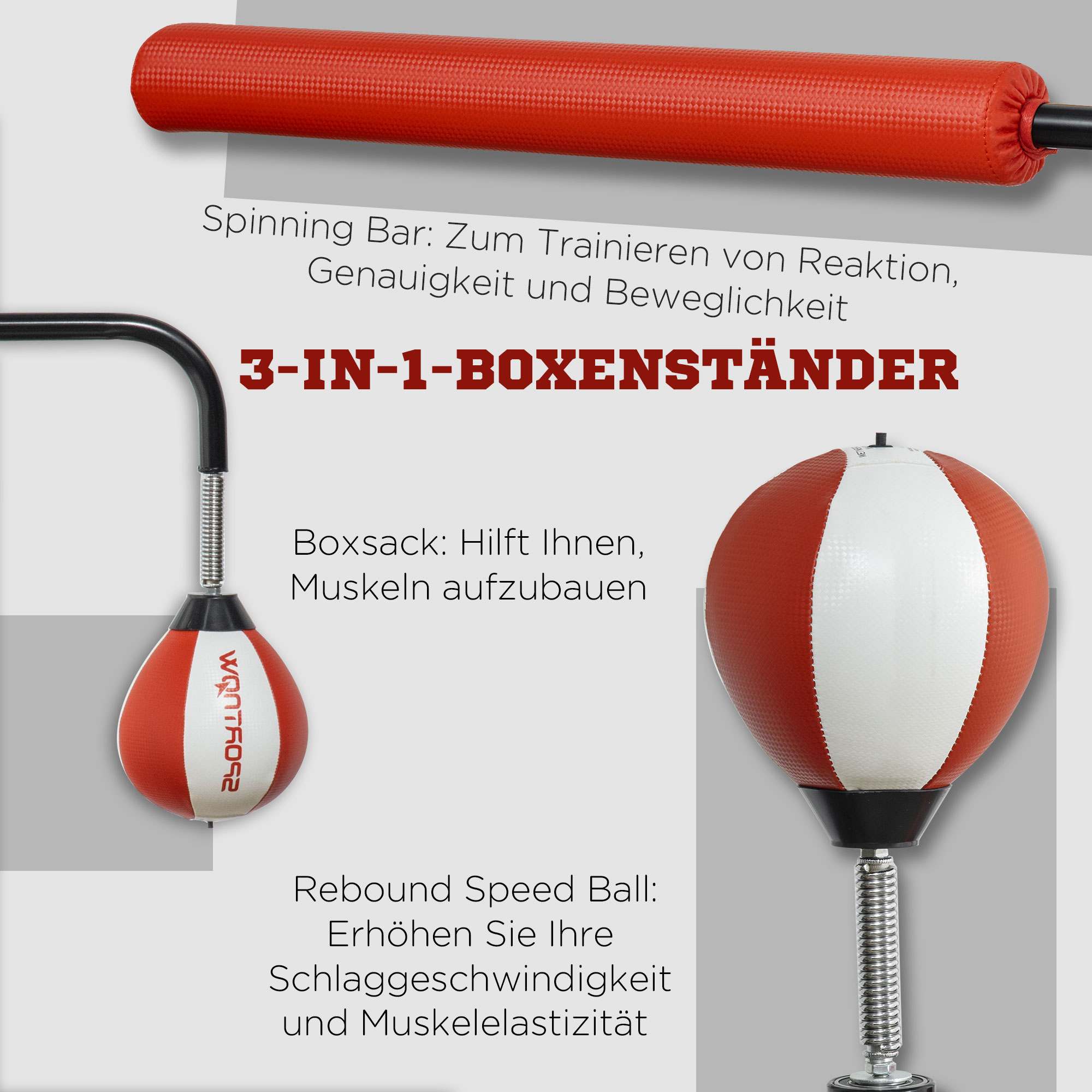 Boxstand, zwei Speedballs, drehbare Boxstange, Kickpolster, höhenverstellbar, Stahl, 107 x 36 x 140-205cm