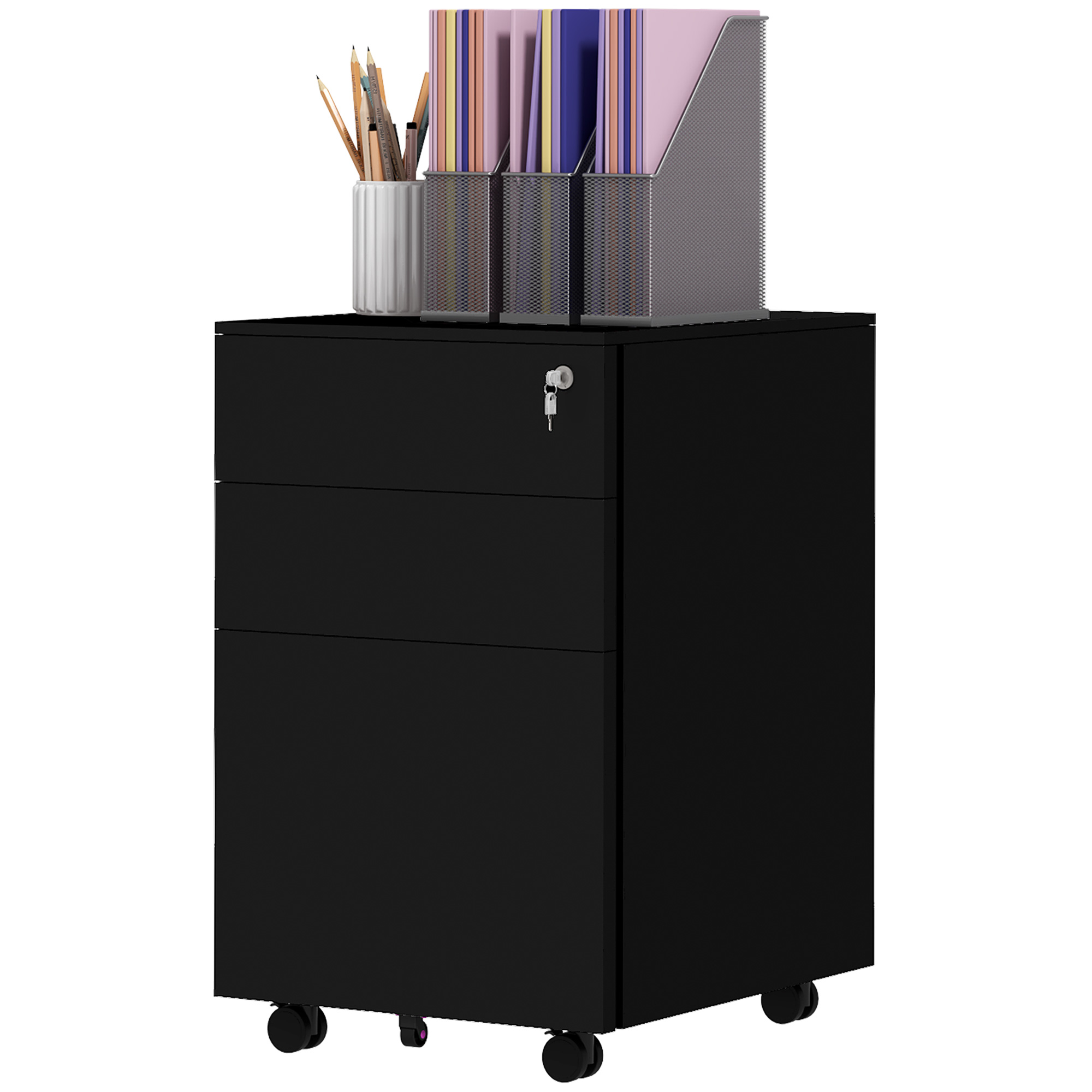 Rollcontainer Aktenschrank, 3 Schubladen, abschließbar, rollbar, 37 cm x 43,5 cm x 60 cm, Schwarz Rollcontainer Aktenschrank, 3 Schubladen, abschließbar, rollbar, 37 cm x 43,5 cm x 60 cm, Schwarz