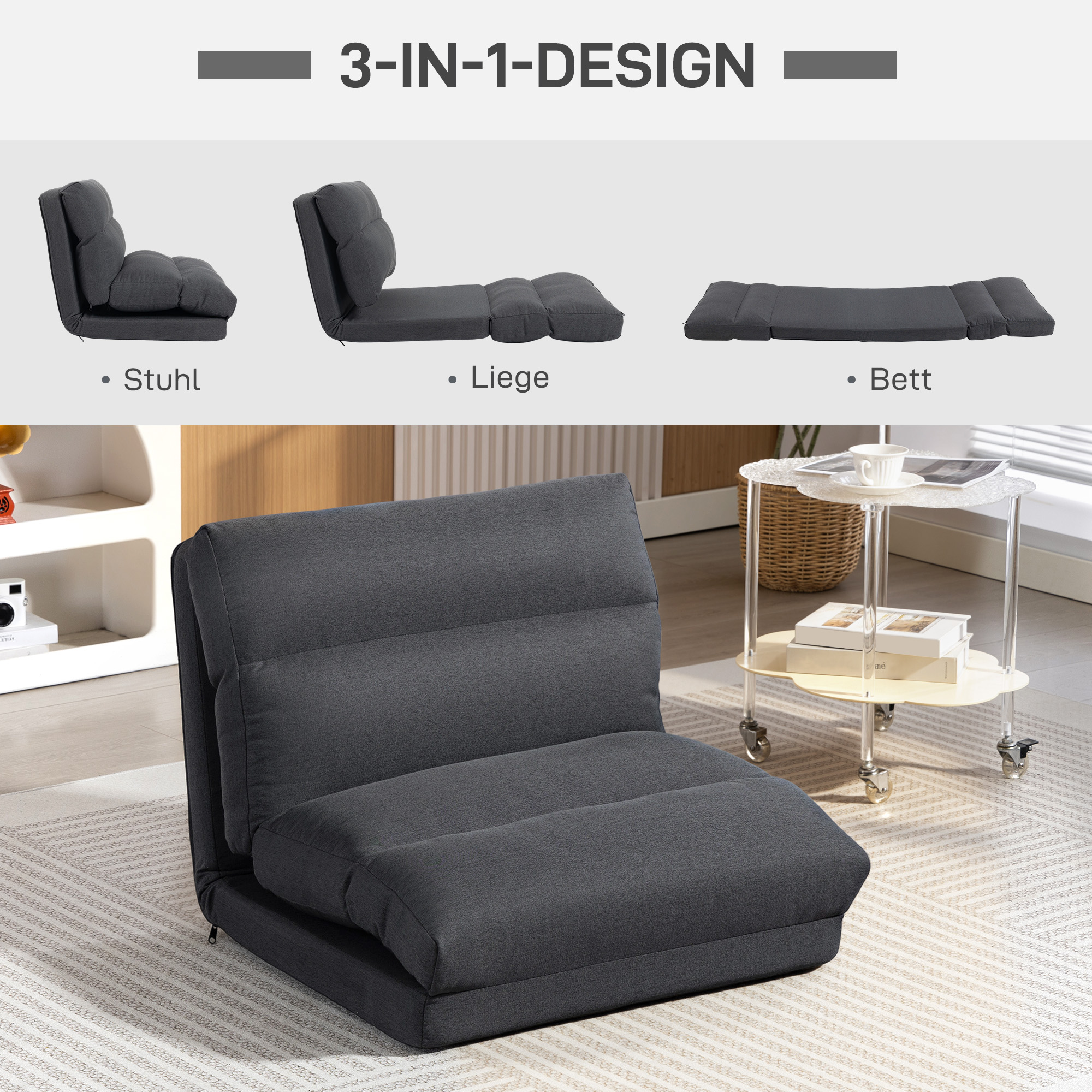 Sitzsack mit Bettfunktion, neigbare Lehne, klappbar, bis 120kg, 70 x 72 x 56 cm, Dunkelgrau