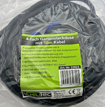 Werkstatt-Steckdose, 4-fach, 10m Kabel, IP44, mit Aufhänger, H07RN-F 3G1,5mm²