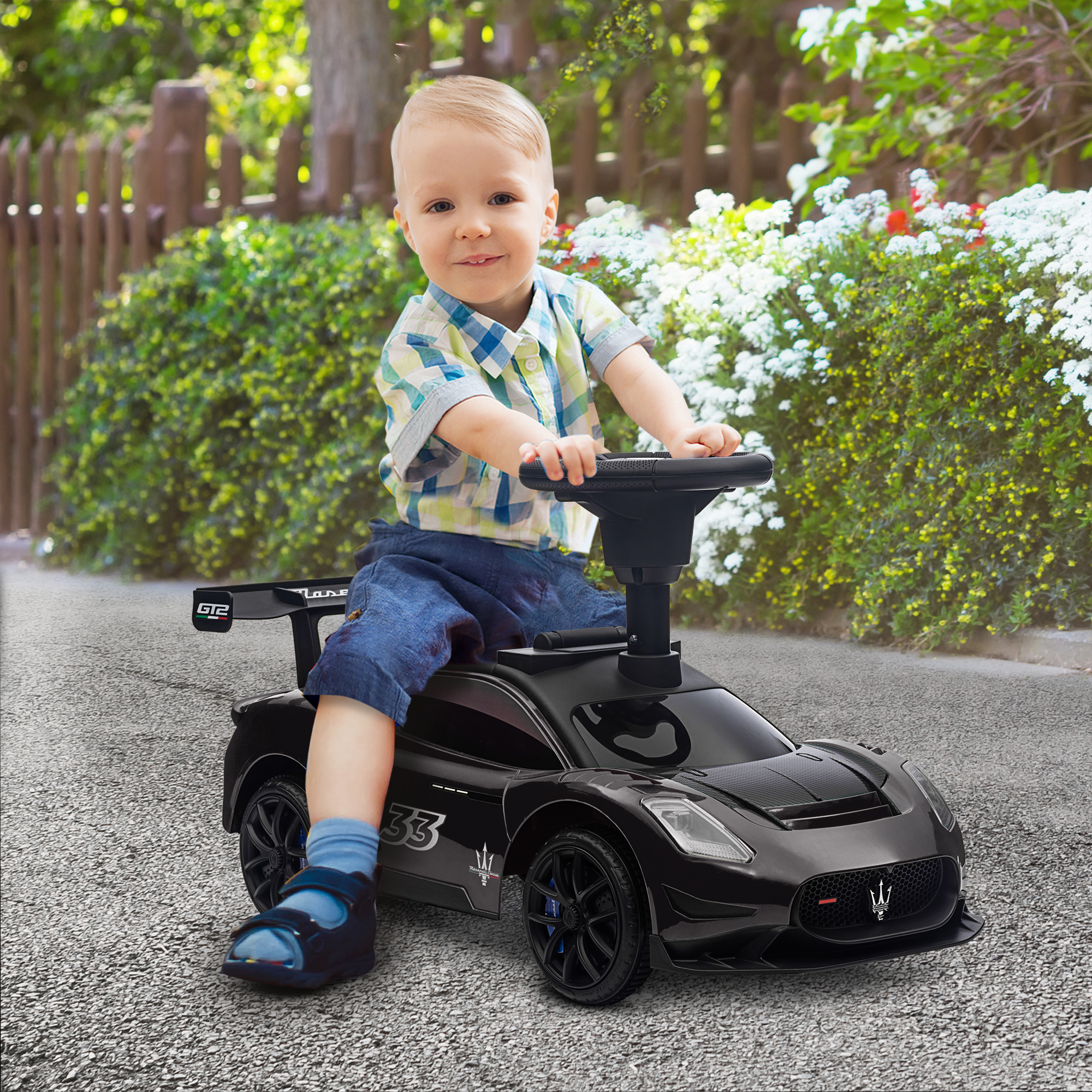 Rutschauto, Maserati, Stauraum, Hupe & Musik, Flüsterreifen, für 1,5 bis 5 Jahre, bis 25 kg, Schwarz