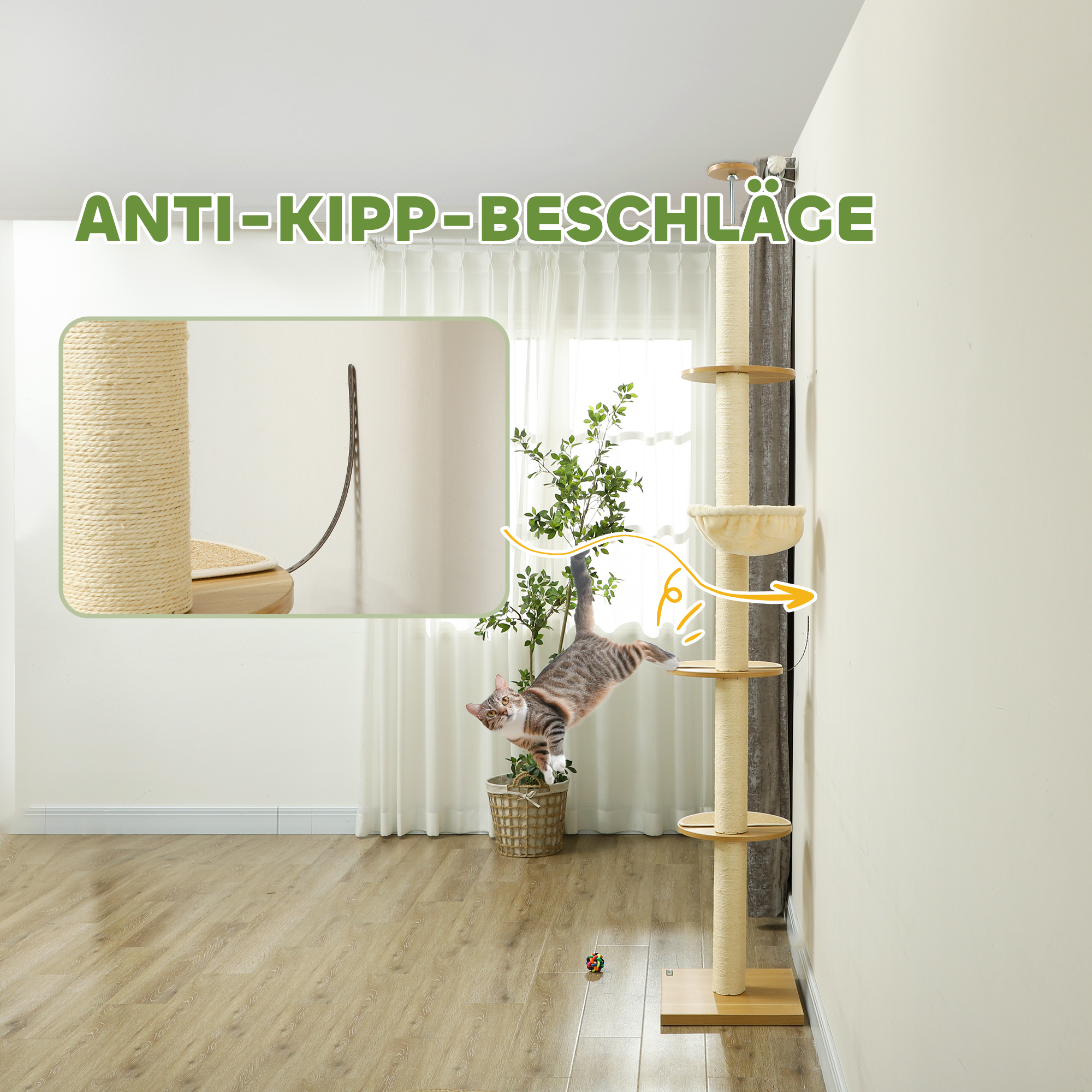 Deckenhoher Kratzbaum, Anti-Kipp-Sicherung, Sisal-Seilpfosten, Holzwerkstoff, Eiche+Cremeweiß
