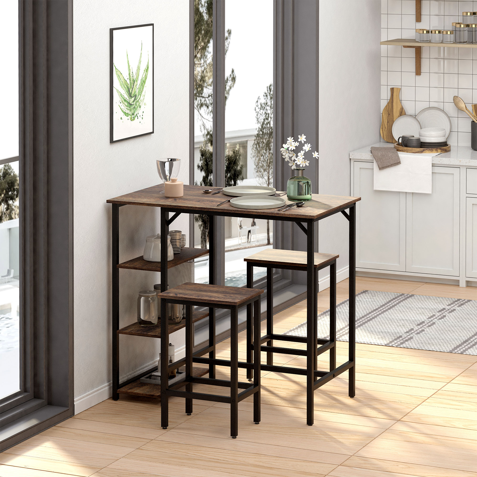 Bartisch-Set Stehtisch mit 2 Barhockern Essgruppe 3-teiliges Tischset Küchentresen mit Regale Spanplatte Stahl Rustikales Braun+Schwarz 109 x 60 x 100 cm