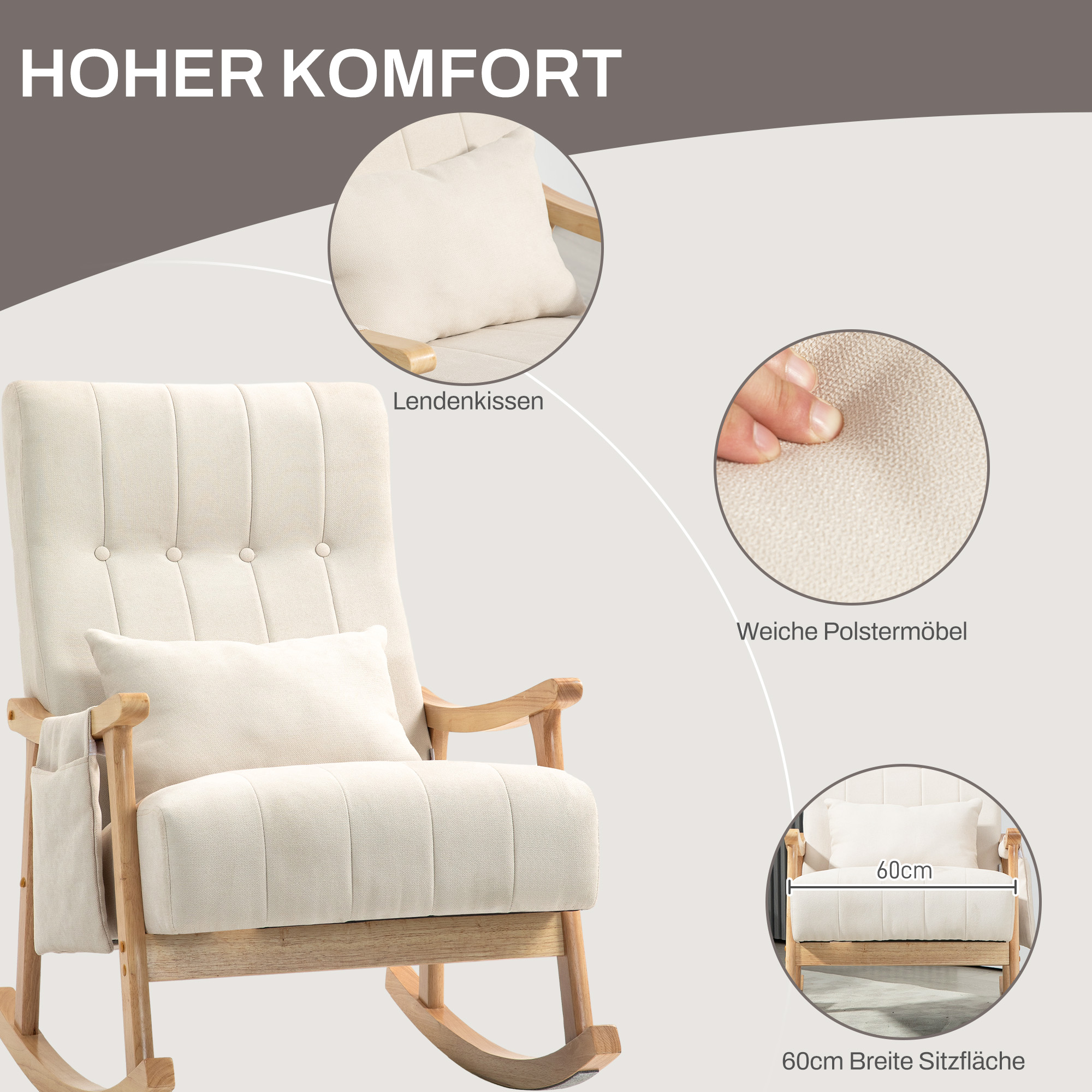 Schaukelstuhl mit Nierenkissen, breiter Sitz, Buchenrahmen, bis 120 kg, Beige