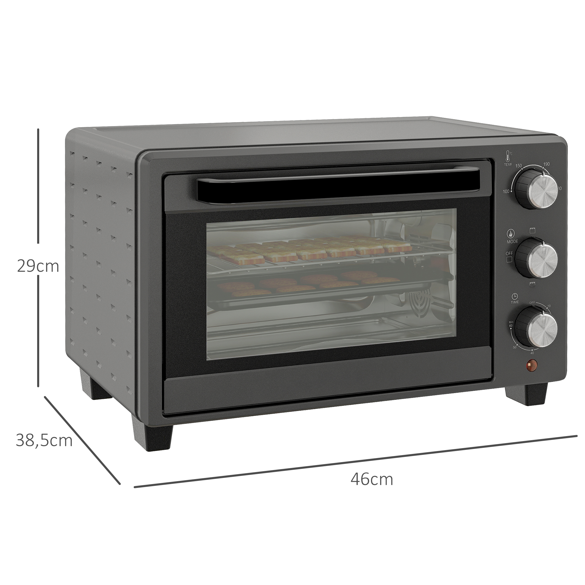 Minibackofen, 21 L Toasterofen mit 1 Drahtgestell und 1 Backblech, 3 Kochmodi, 100 °C-230 °C, Edelstahl, Glas, Grau