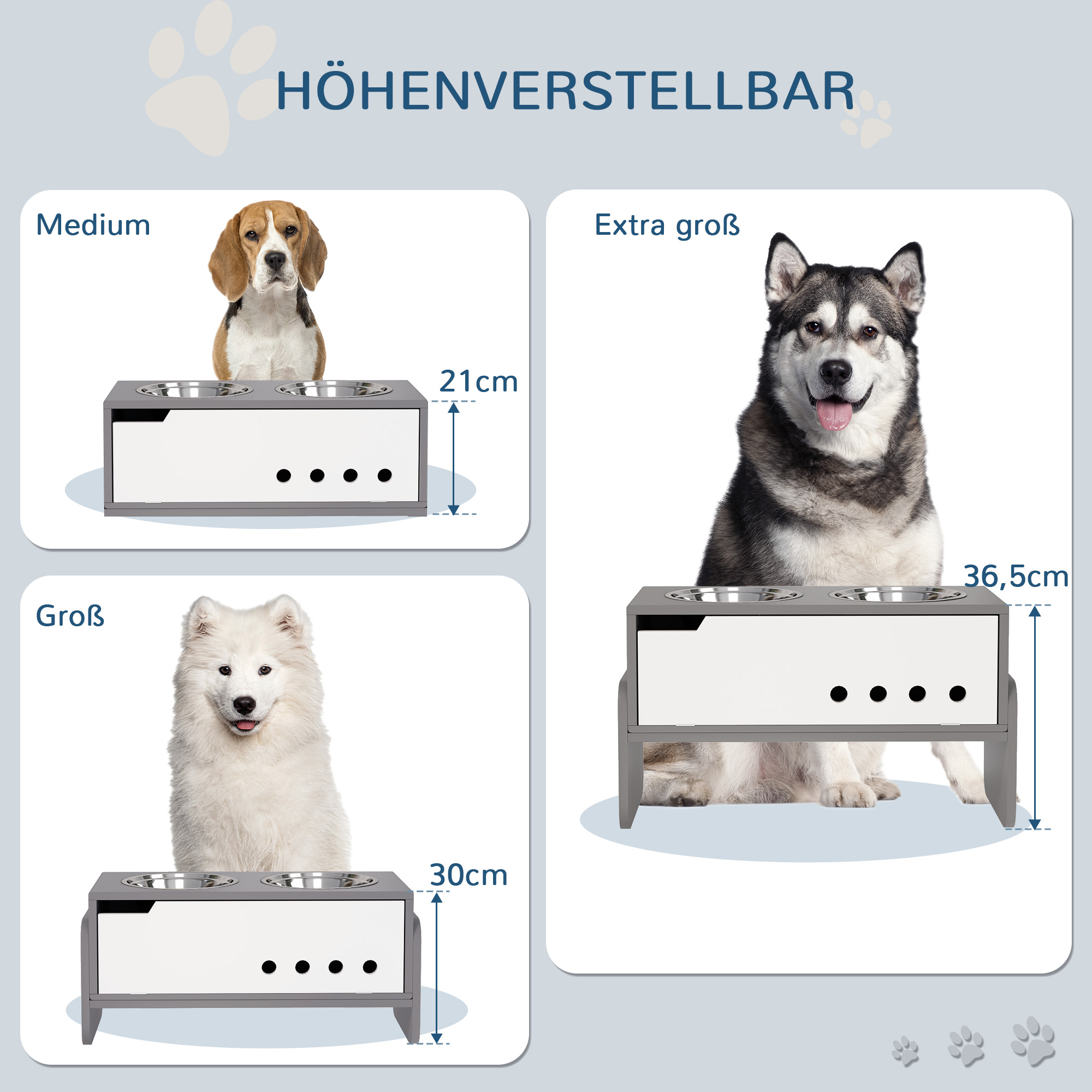 Erhöhte Fütterungsstation für Hunde, mit Stauraum und Anti-Schling-Matte, 2 x 2000 ml Edelstahlnapf, Grau