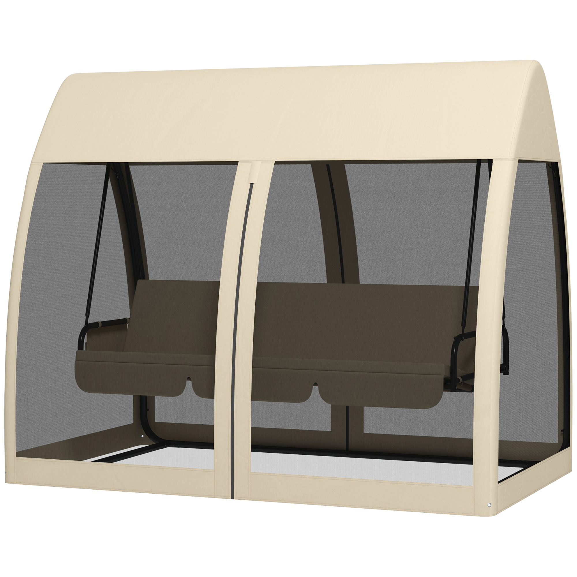 3-Sitzer-Terrassen-Schaukel, Veranda-Schaukel mit Bettfunktion, Hollywoodschaukel mit Mückennetz und Stahlrahmen, Kaffee