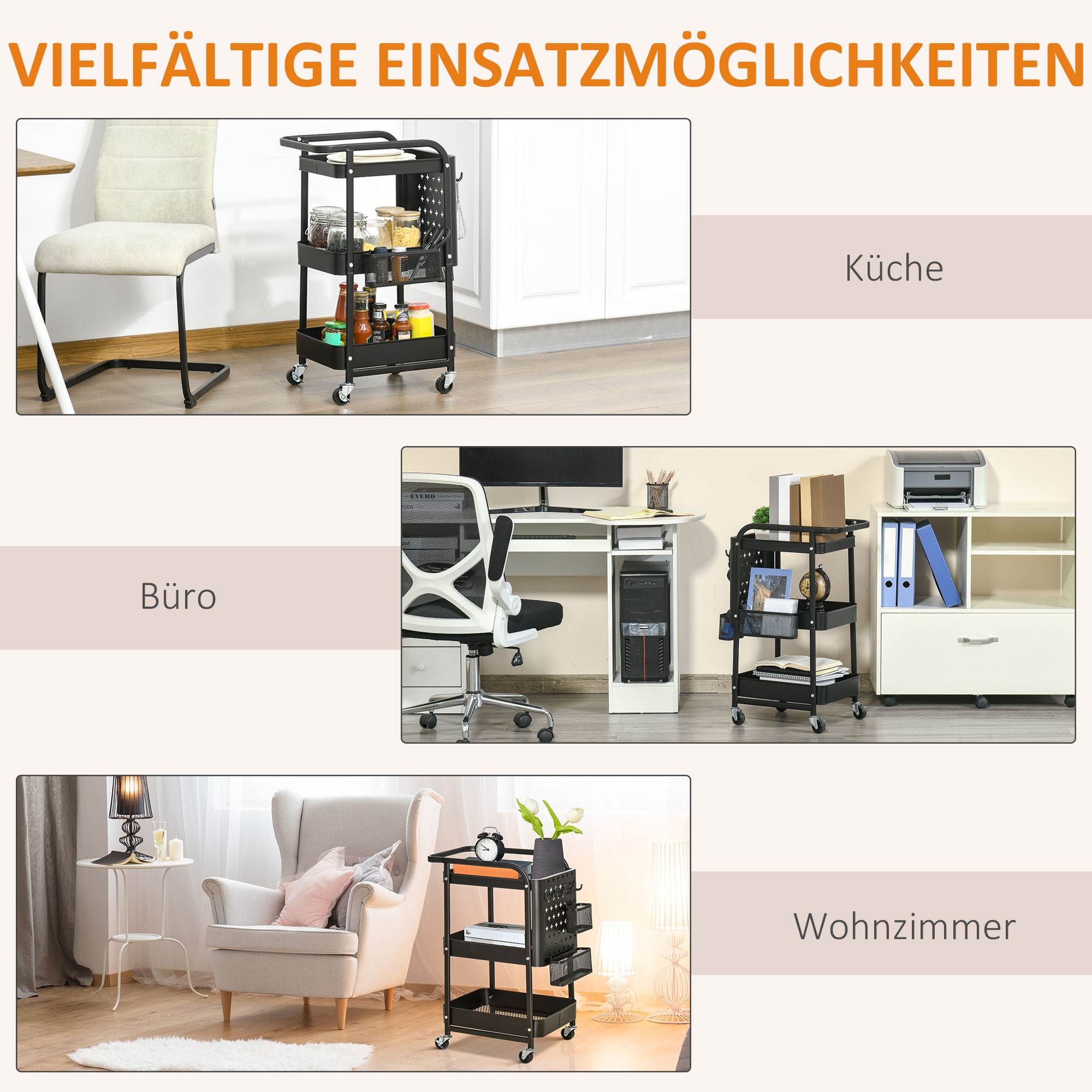 Küchentrolley mit Lochtafel, Handtuchhalter, Aufbewahrungskörbe, Schwarz