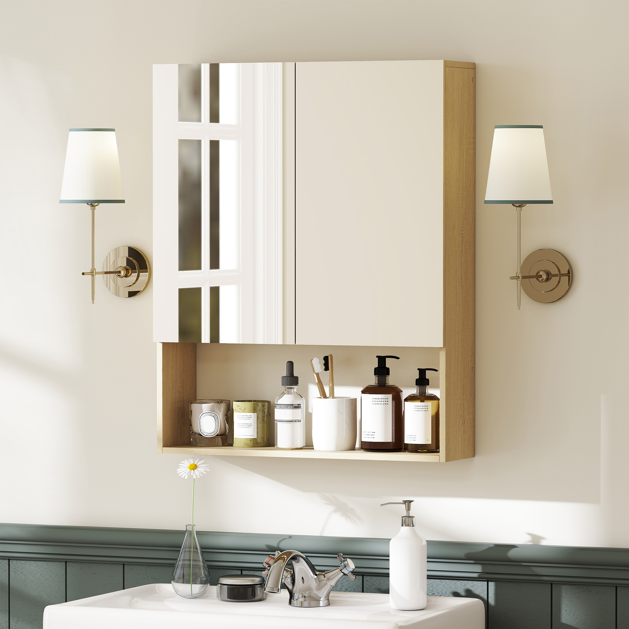 Badezimmerschrank, Spiegeltüren, offenes Regal, Wandmontage, MDF, Spanplatte, Eiche