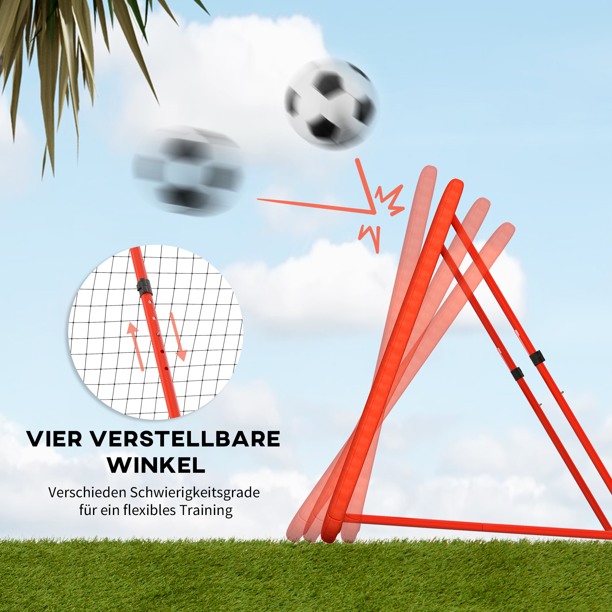 Fußball-Rückprallnetz, verstellbar, faltbar, Metallrahmen, Allwetter-PE-Netz, inkl, Heringe, Rot