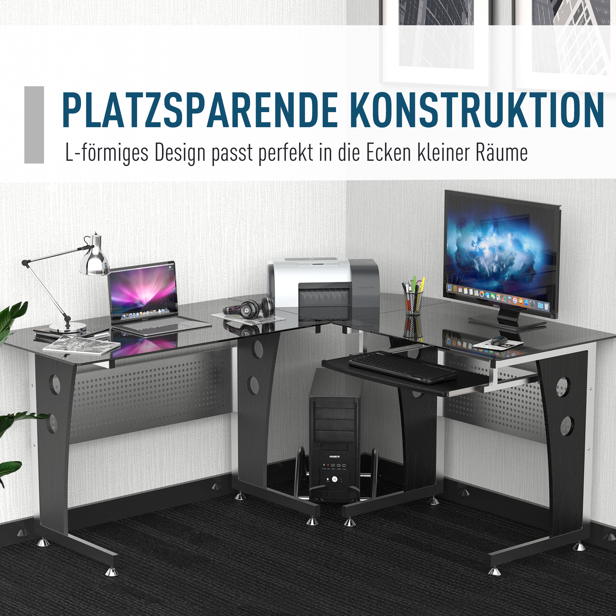 Computertisch Eckschreibtisch Schreibtisch Bürotisch PC Tisch mit schwarzem Sicherheitsglas L-förmig 164x139x75 cm