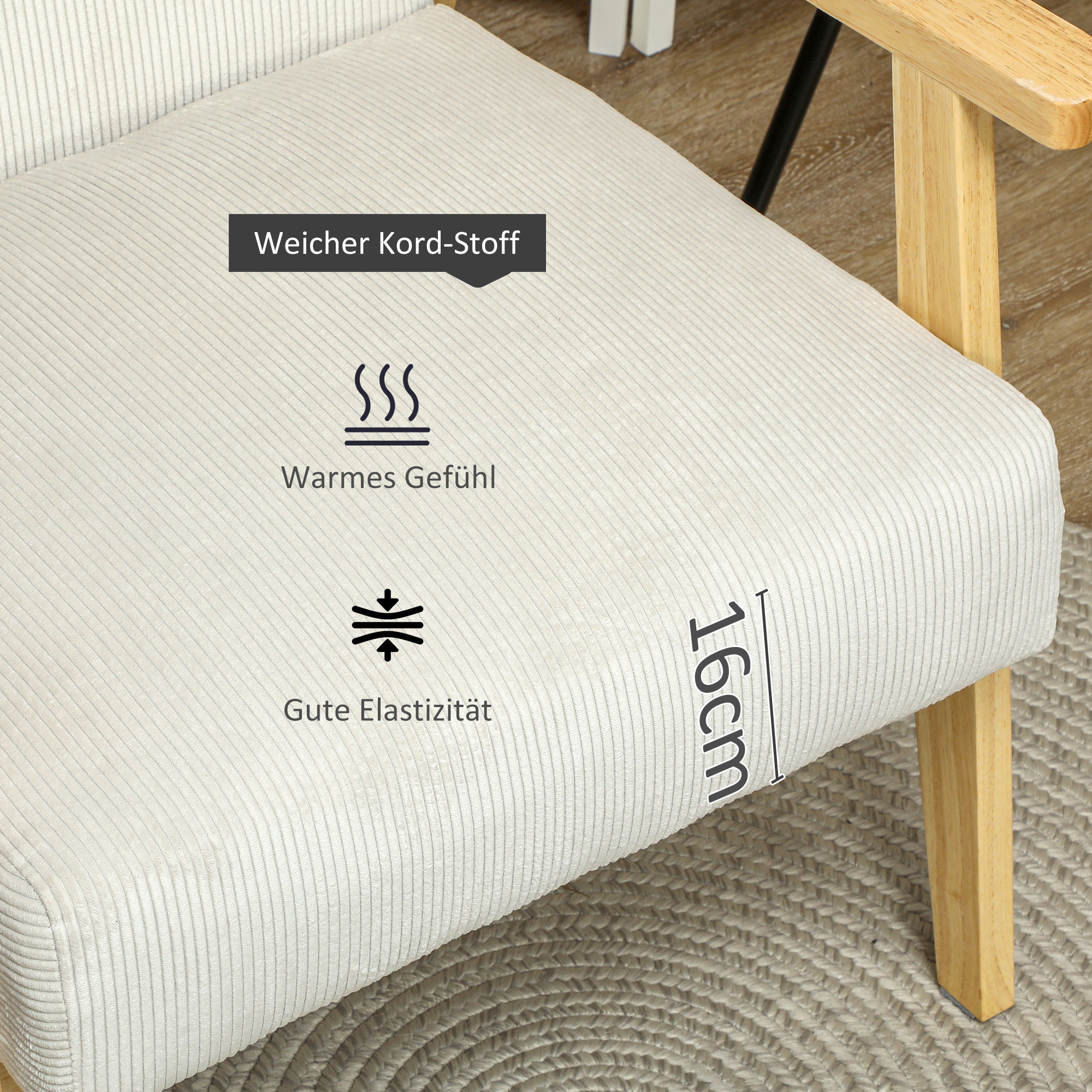 Moderner Sessel mit Armlehnen, mit Stoffbezug, aus Kautschukholz, Akzentsessel, trägt 120 kg, Cremeweiß