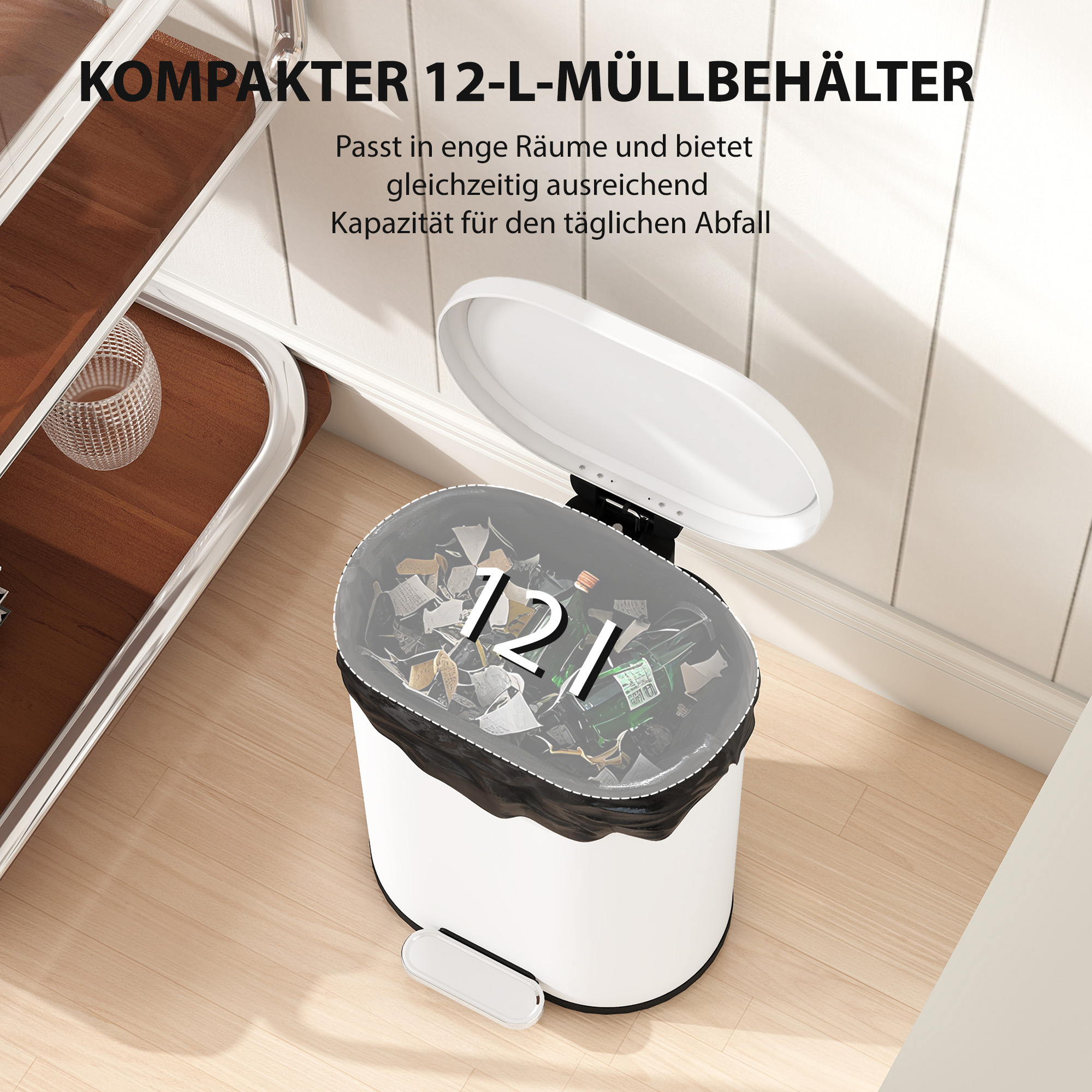 Mülleimer 12L Treteimer Abfalleimer mit Deckel, Fußpedal, Inneneimer, Soft-Close-Funktion, 30 x 25,5 x 37,5 cm, Weiß