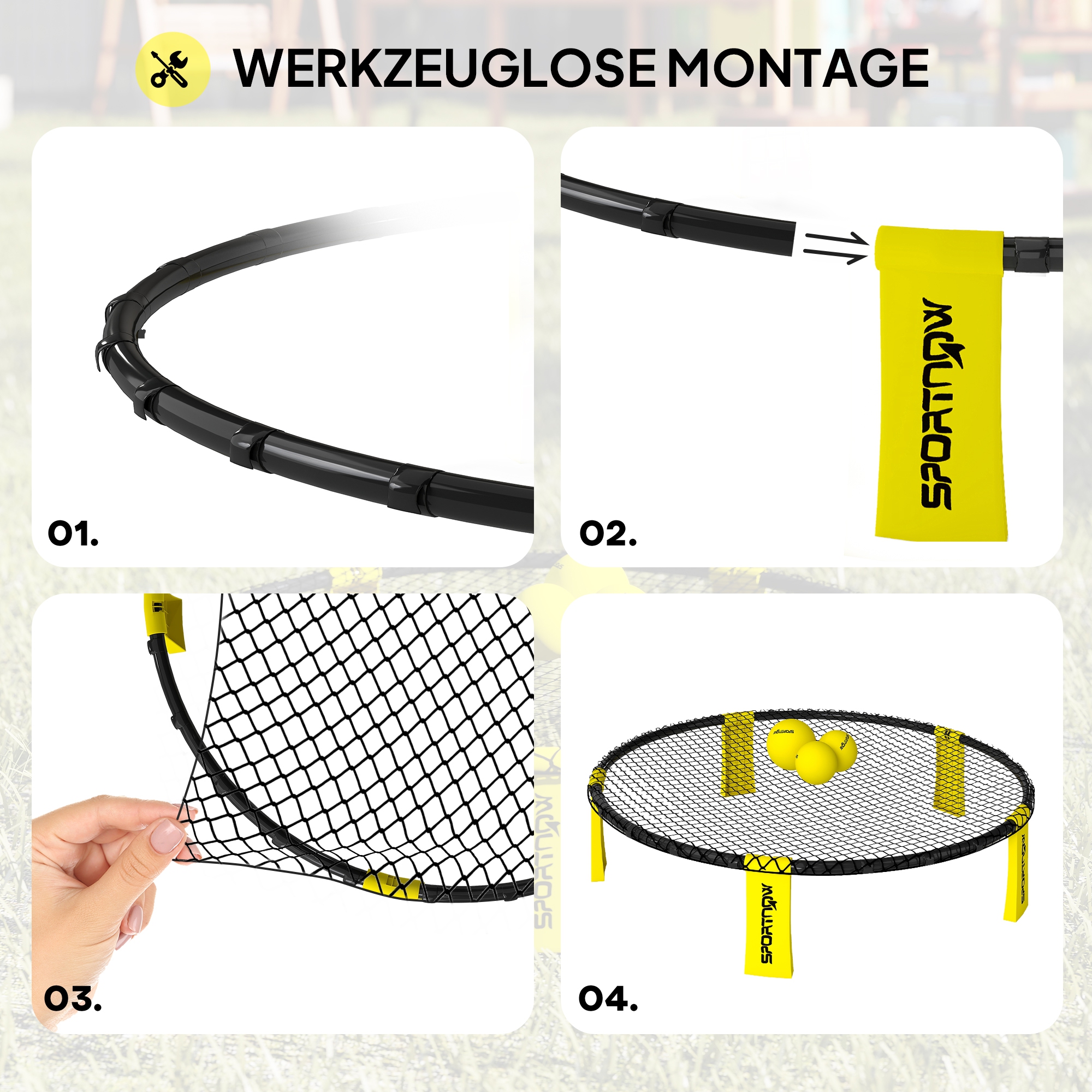 Roundnet Set Spieleset mit Spielnetz 3 Bällen Tragetasche Ballpumpe Spikeball Set Ø92 x 20 cm Gelb