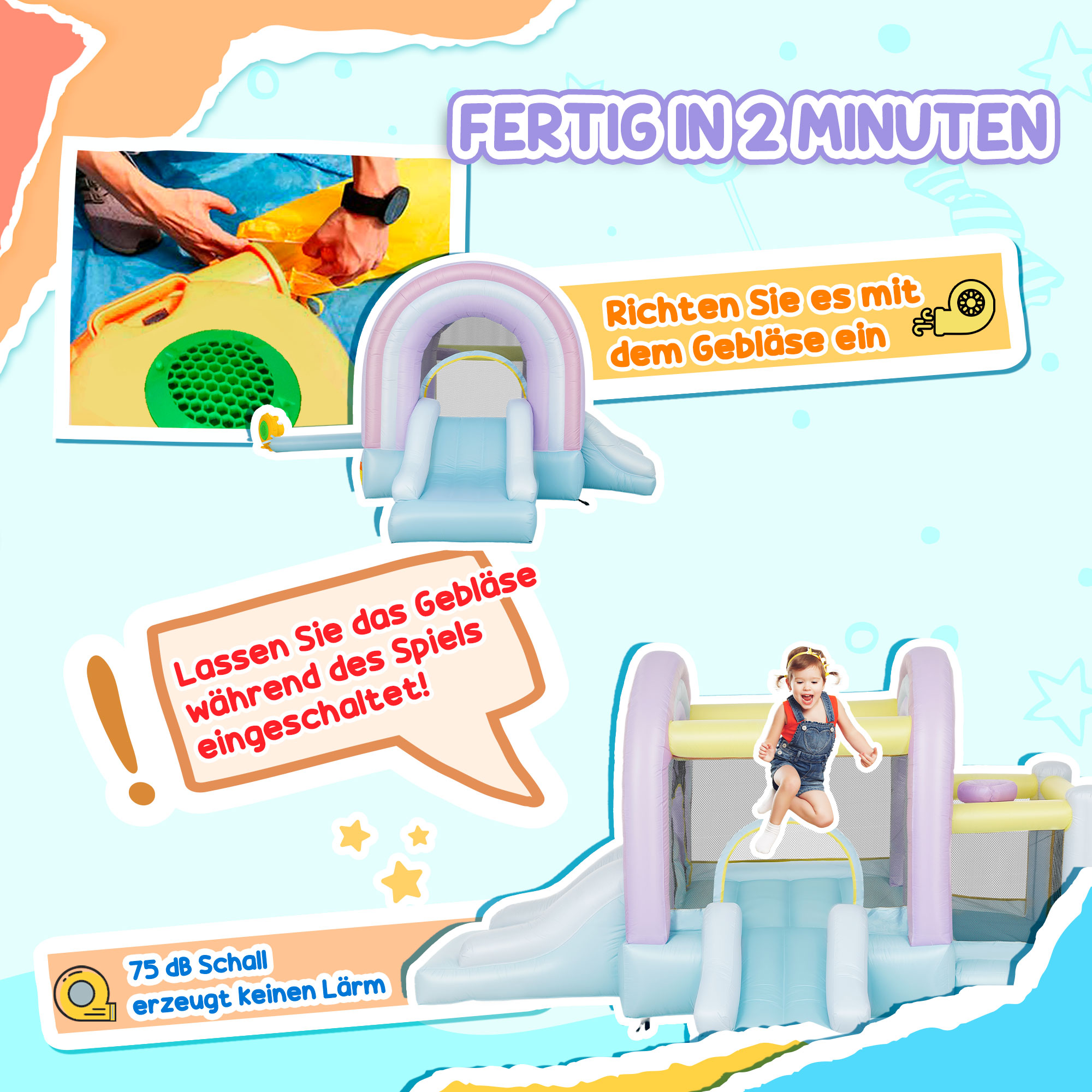 Hüpfburg, Bällebad, 2 Rutschen, Oxford-Gewebe, UV-beständig, Gebläse, Bunt
