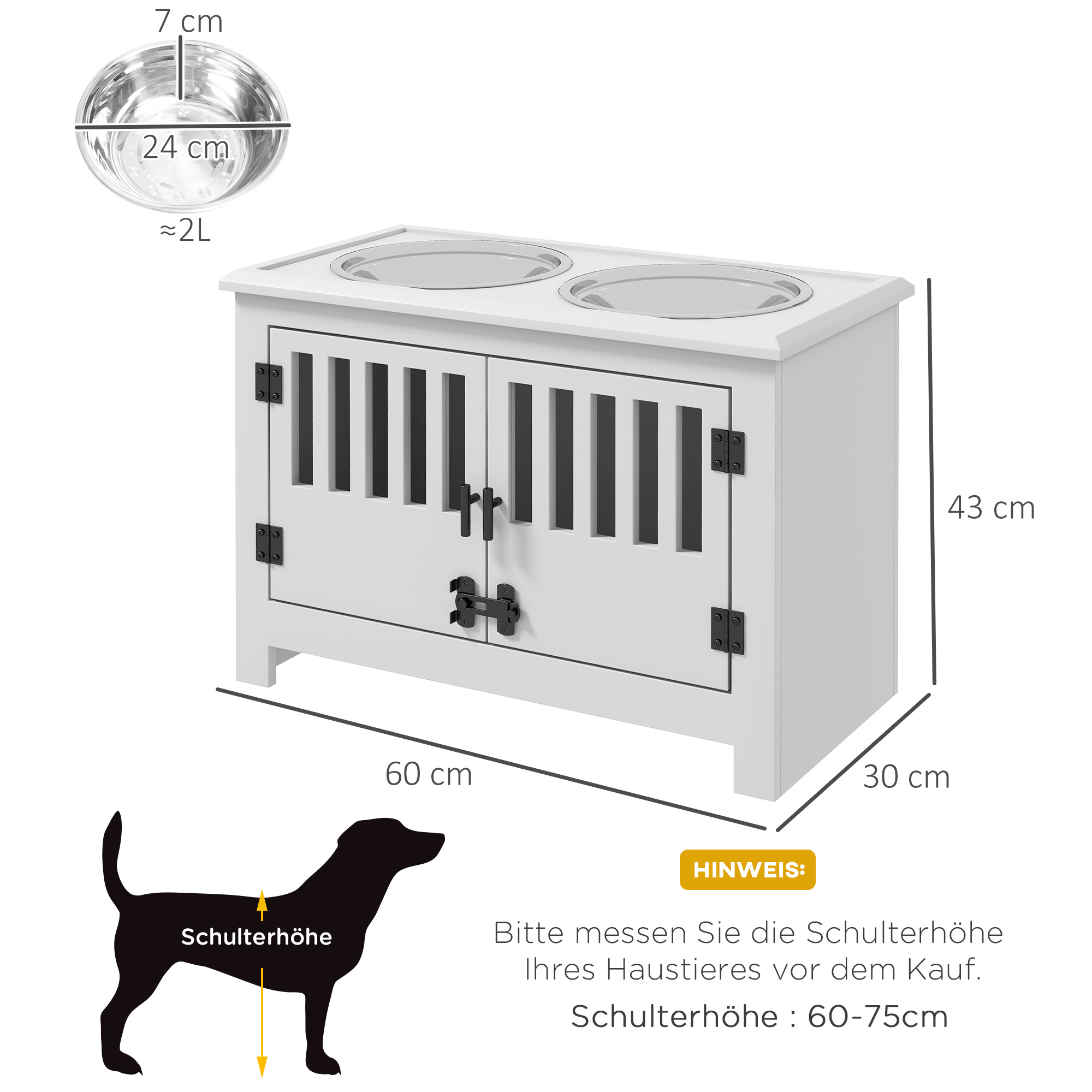 Erhöhte Futterstation für große Hunde, 2 Edelstahlnäpfe, Stauraum, 35,5x60x30 cm, Weiß