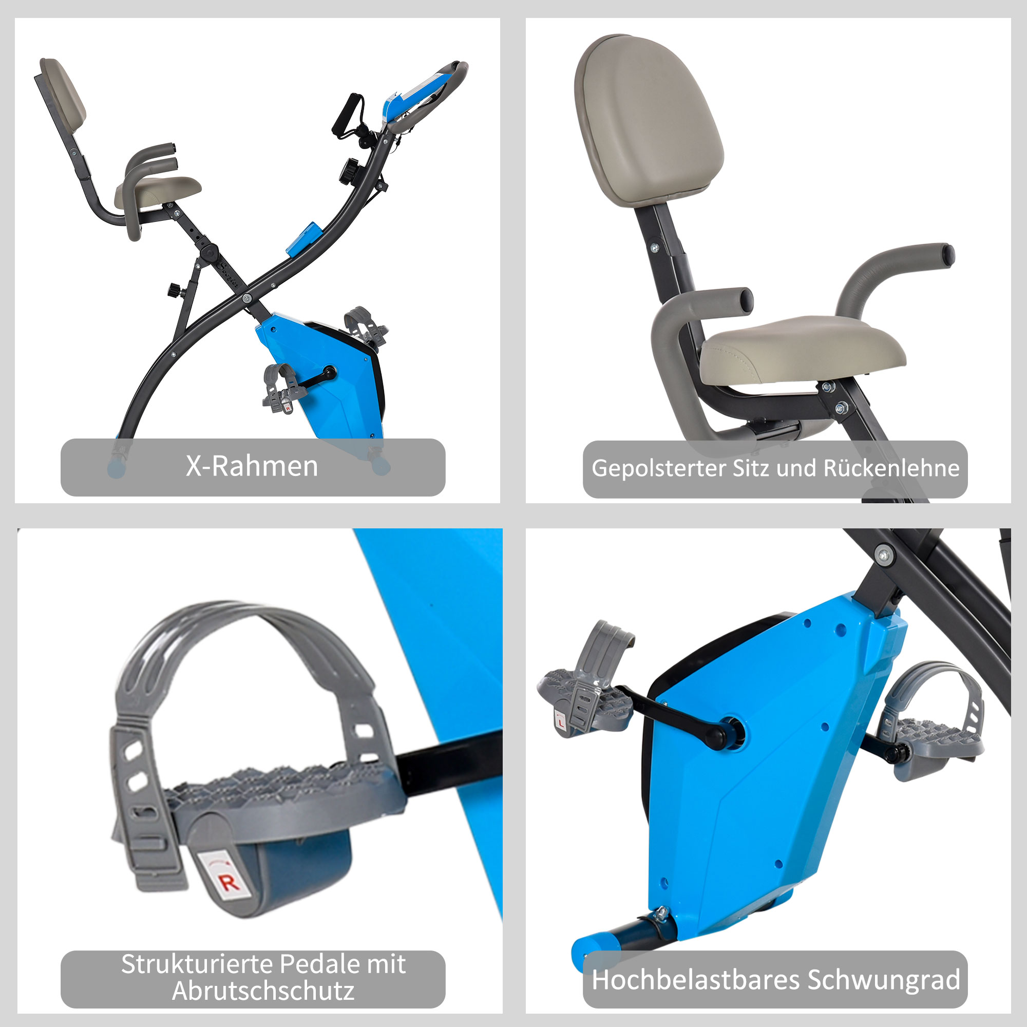 Heimtrainer X-Bike 2-in-1 Fahrradtrainer mit LCD-Display,Pulsmesser, klappbarer Hometrainer Trimmrad mit 8 stufig Magnetwiderstand, 1 Paar Spannseil, Stahl Blau 105x48x118 cm
