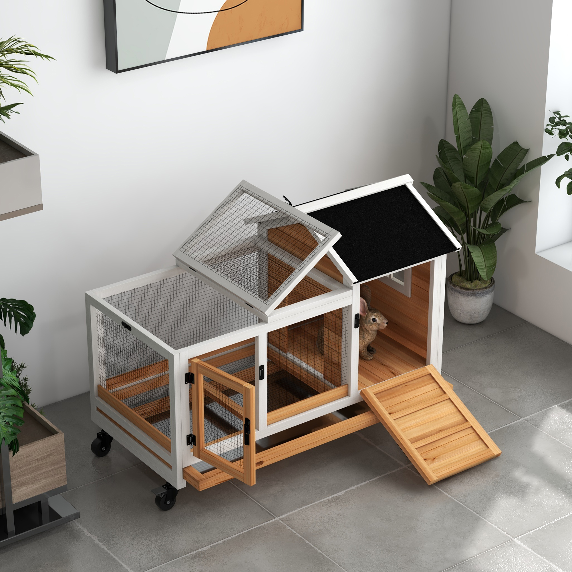 Kleintierstall für Zwergkaninchen, Meerschweinchen, mit Rädern, 108 x 58 x 73,5 cm, Gelb