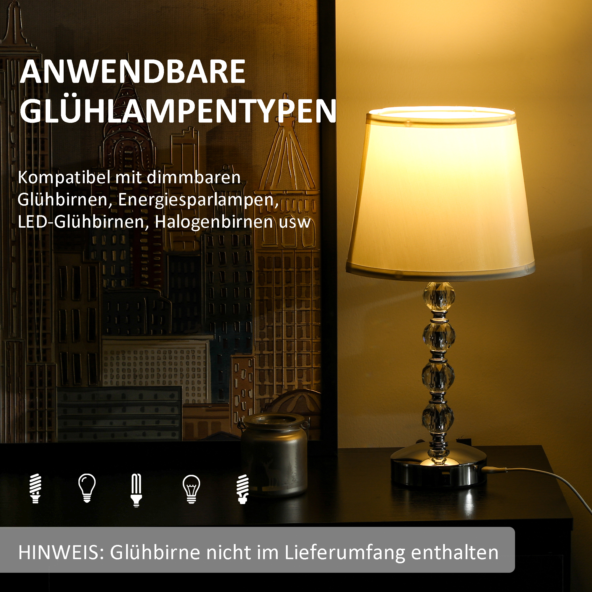 Kristall-Tischleuchte, Touch-Schalter, USB-Ladeanschluss, Ø23x45 cm, Silber