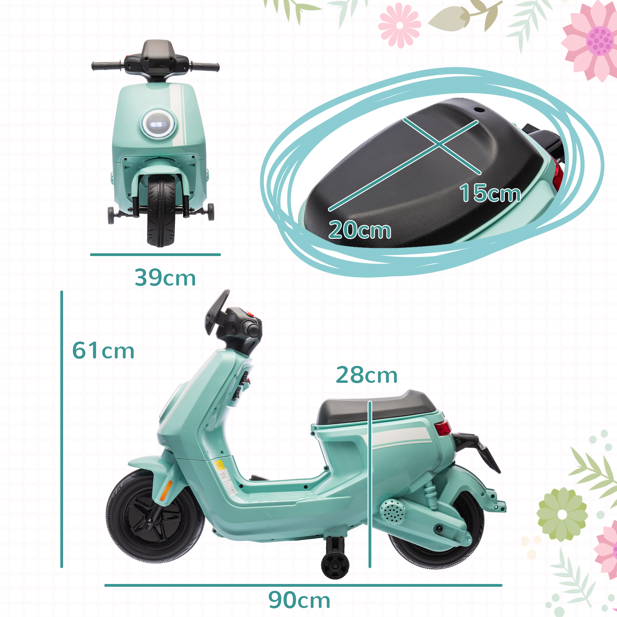 6V Elektro-Motorrad für Kinder, mit Scheinwerfer und Musik, Vor- und Rückwärtsgang, Trainingsräder, 18-36 Monate, Grün