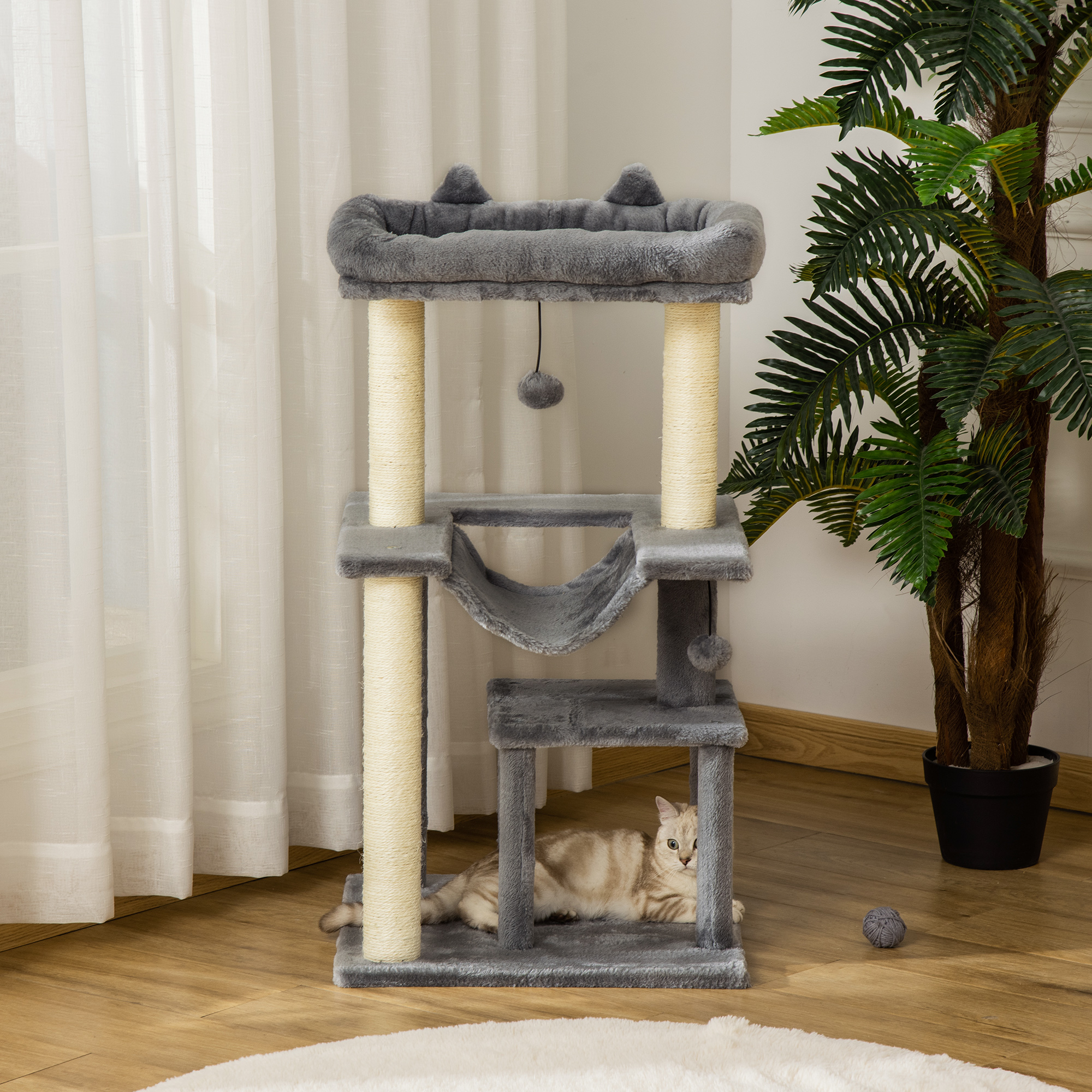 Katzenbaum 90 cm Kratzbaum mit Hängematte Spielbaum Katzenhöhle Plattformen Kletterbaum Katzenkratzbaum Aktivitätskratzbäum Plüsch Sisal Grau