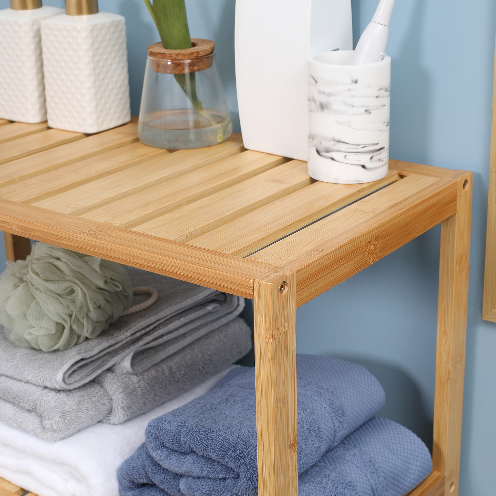 Badezimmerschrank, Badezimmerkommode mit Lamellentüren, Badregal, Bambusholz, Naturholz