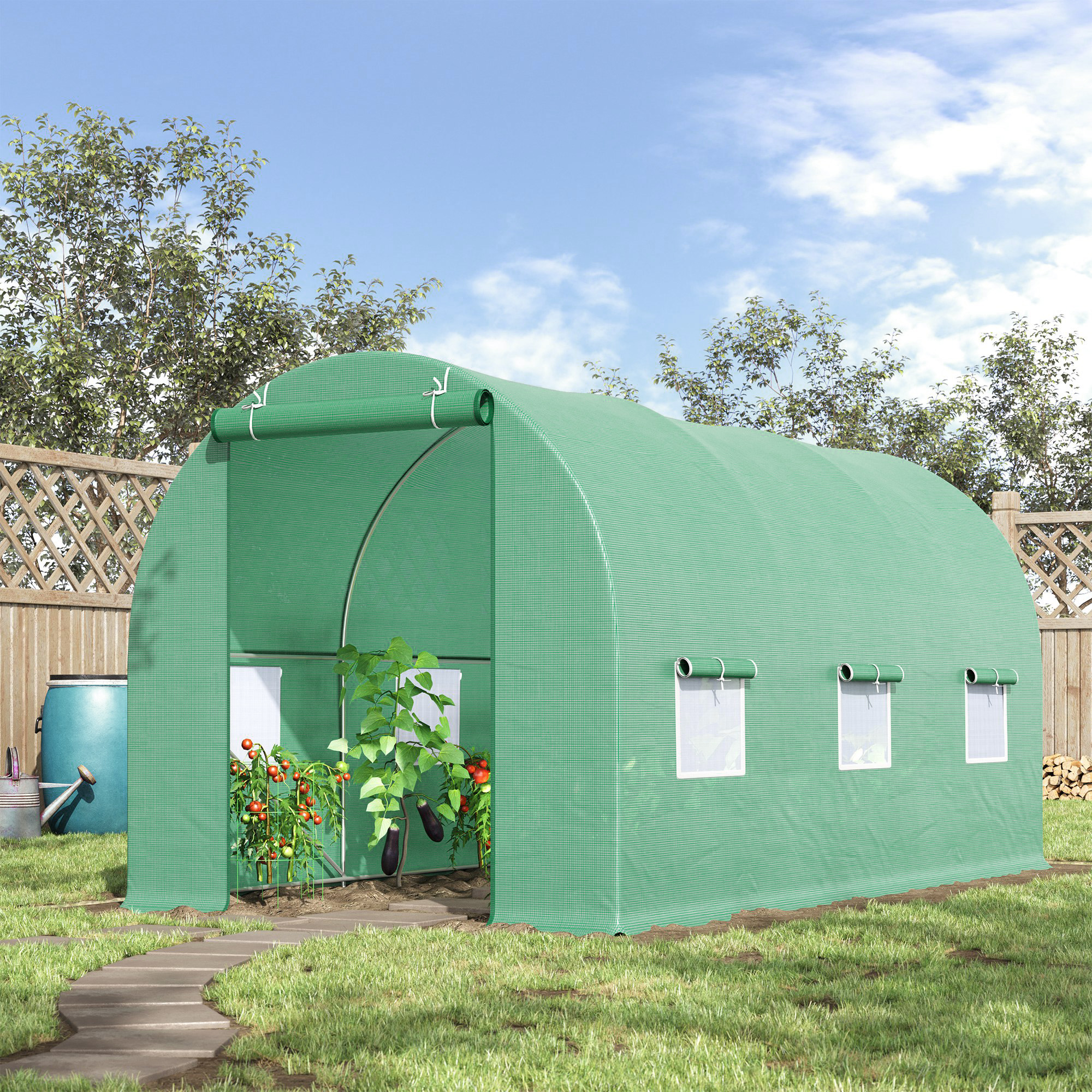 Gewächshaus 445x190x200cm Foliengewächshaus Tomatenhaus Tür mit Moskitonetz, Fenster, Folientunnel aus verzinktem Stahl, stabiles Pflanztunnel, Treibhaus inkl, Erdanker Seilen, Grün