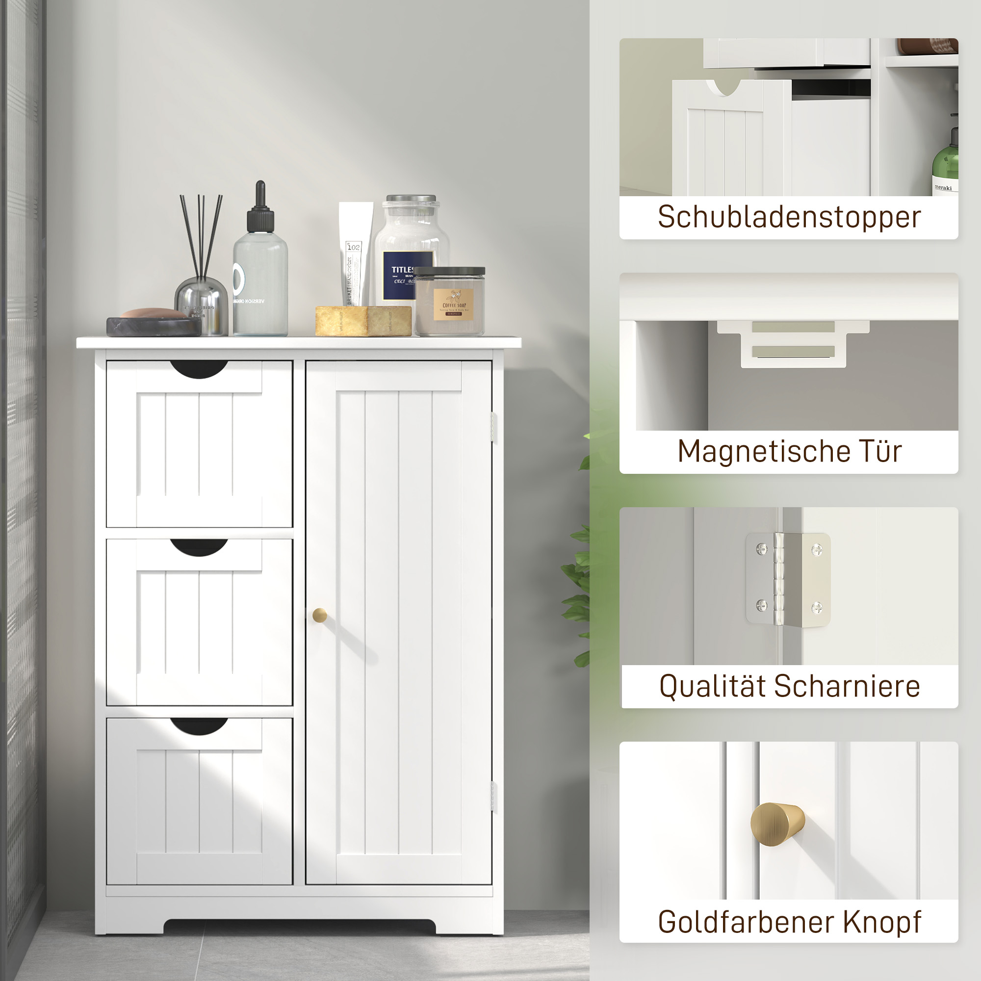 Badezimmerschrank, Badkommode, 3 Schubladen, Regal, MDF, Weiß