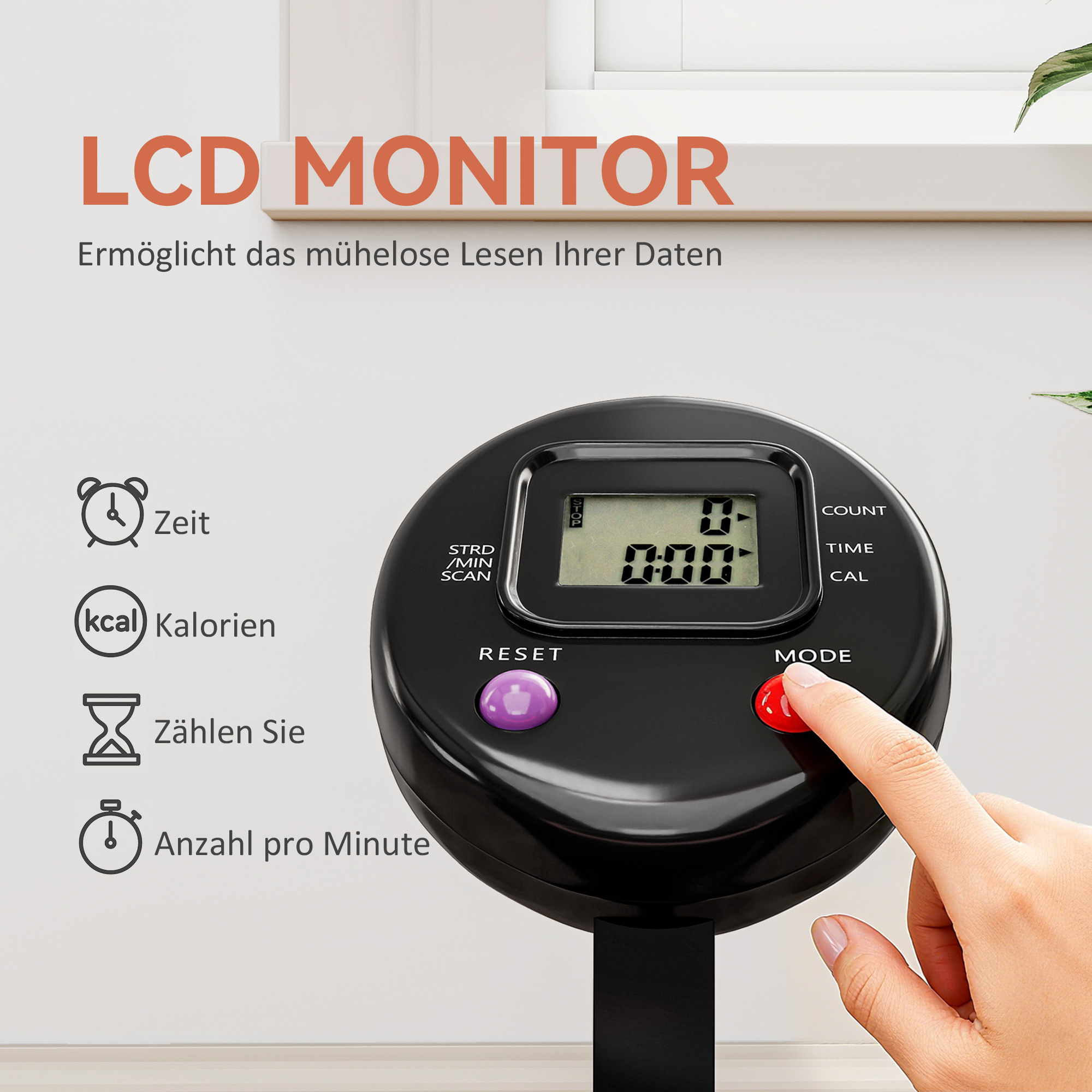 Mini-Trampolin, mit höhenverstellbarem Haltegriff, LCD-Monitor, Stahl, schwarz+rot, Ø102 x 99-123cm