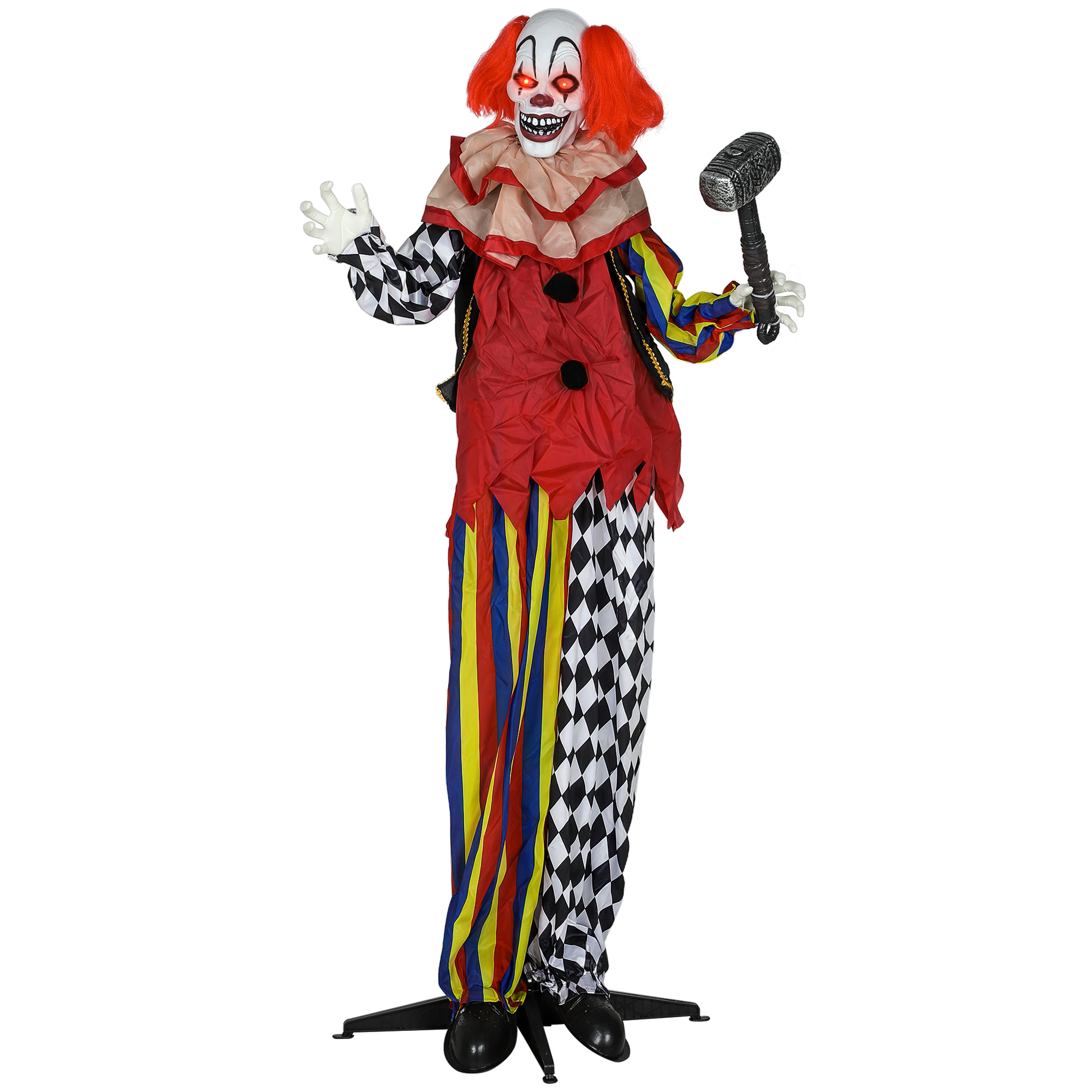 Grusel-Clown, Halloween-Animatronik, 173 cm, leuchtende Augen, Geräusch-Aktivierung, bewegliche Arme und Kopf, Batteriebetrieb, Kunststoff, Metall, Rot