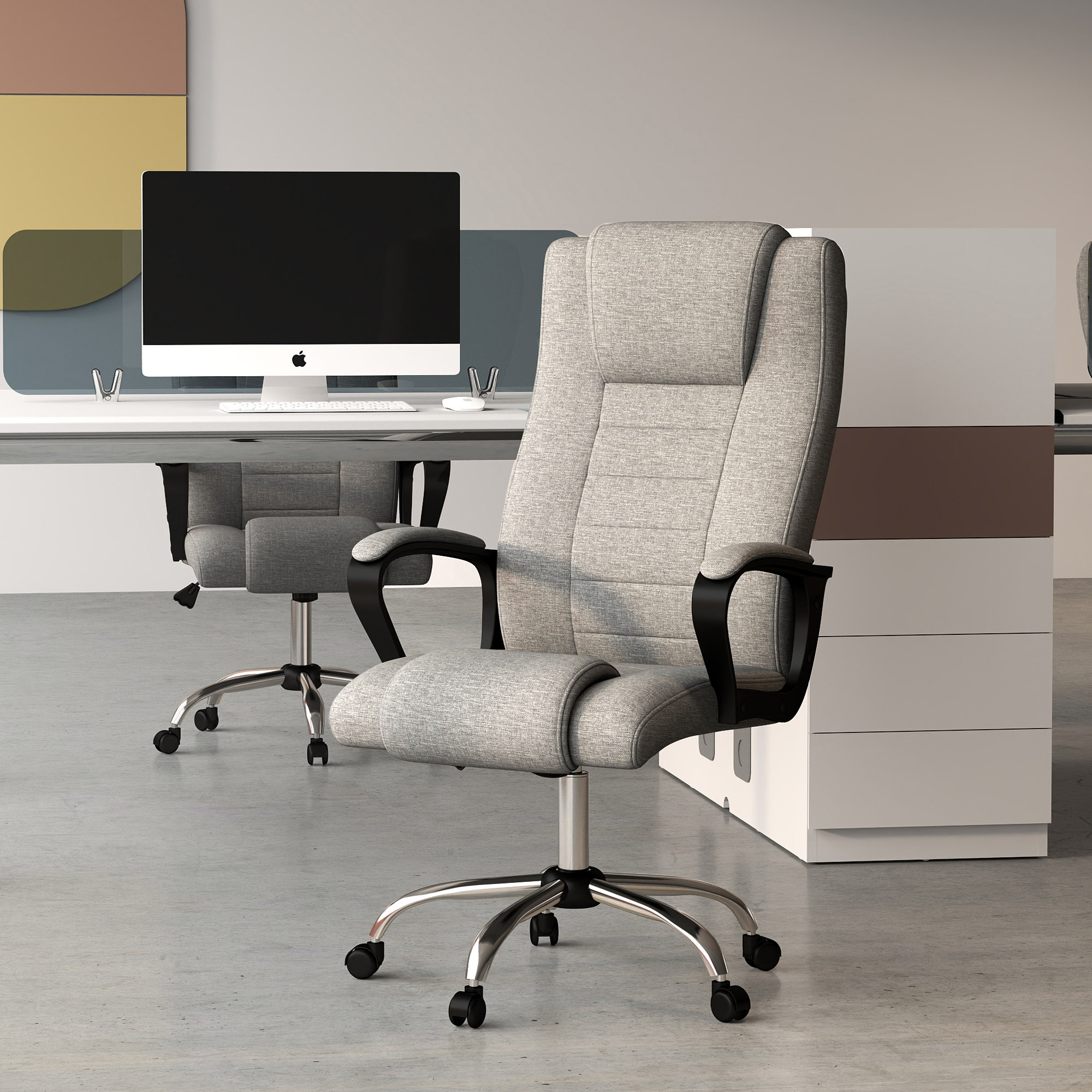 Bürostuhl Computerstuhl mit Wippenfunktion Kopfstütze ergonomischer Schreibtischstuhl drehbar höhenverstellbar Leinen-Touch Grau  62 x 76 x 110-119 cm