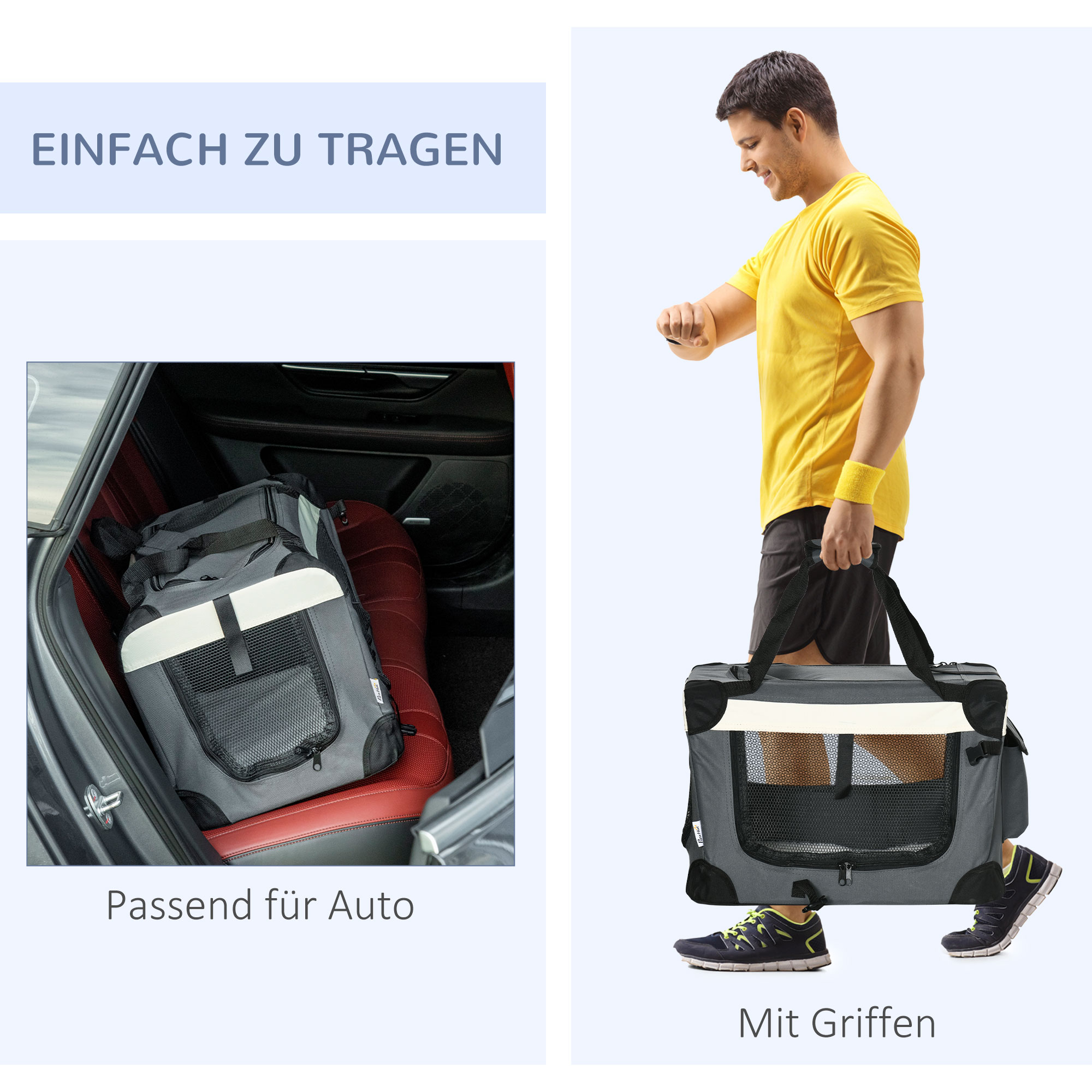 Transporttasche, Transportbox, für Katzen und kleine Hunde, faltbar, 3 Türen, grau, 50,5 x 33,5 x 35cm