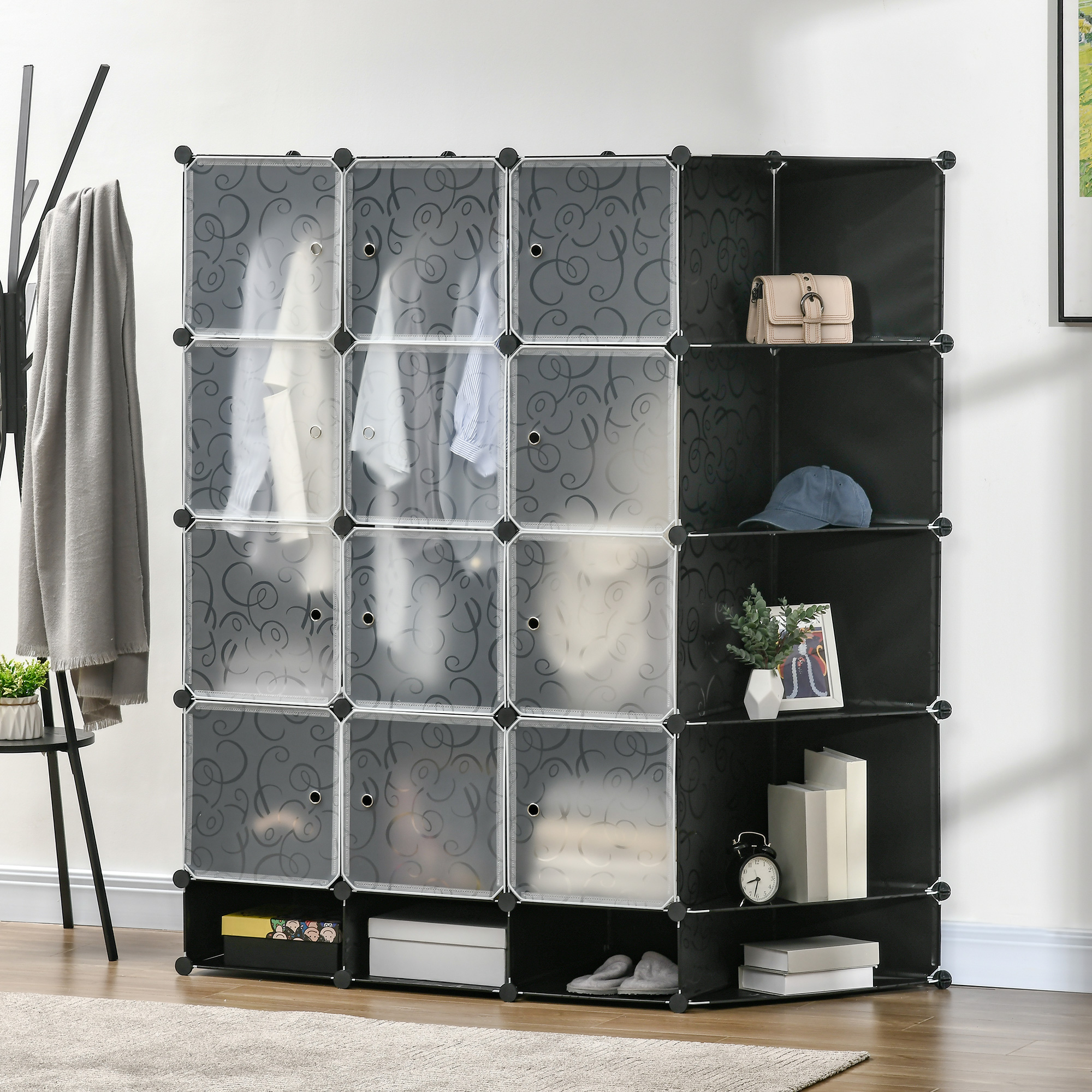 Modularer Aufbewahrungsschrank, Kleiderschrank, 16 Fächer, Kunststoff, Stahl