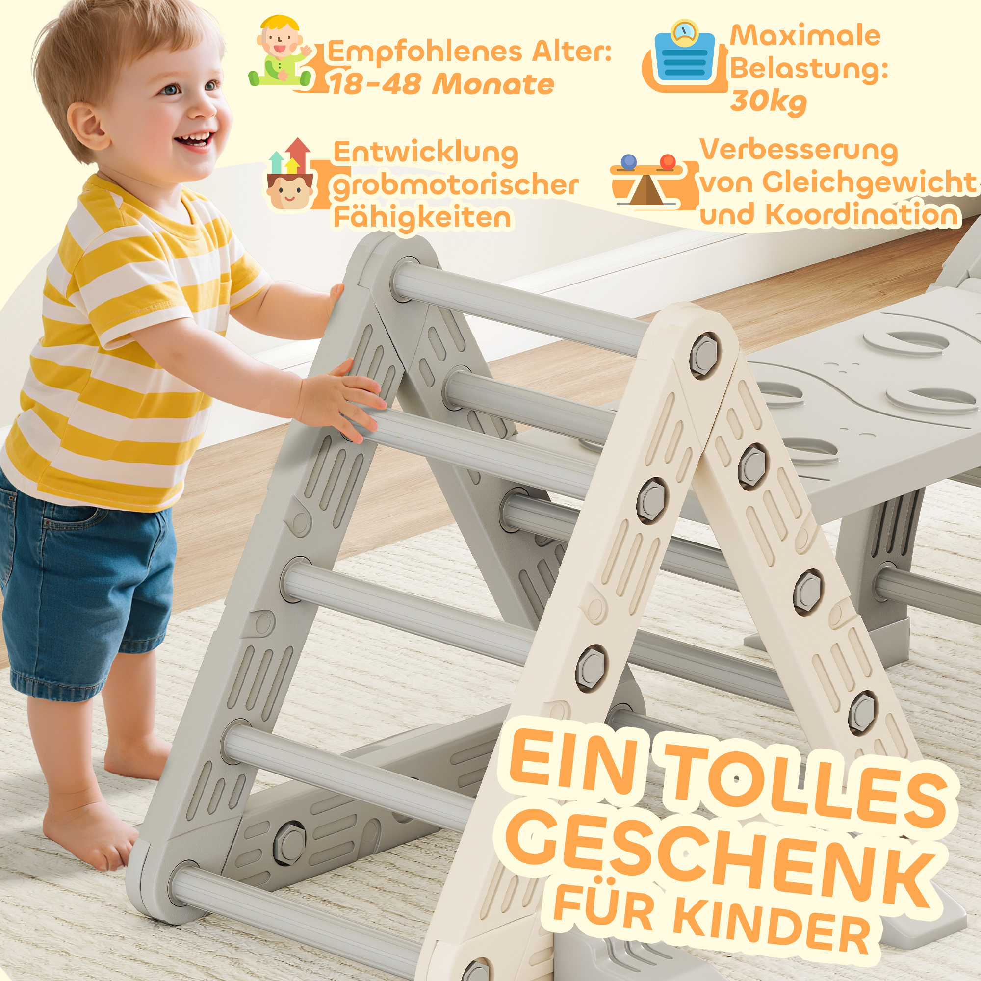 Klettergerüst Indoor, 5 in 1 Kletterdreieck mit Rutsche, Kletterbogen, inkl. doppelseitige Rampe, Spielplatz Indoor für Kinder 18-48 Monate, Grau+Weiß