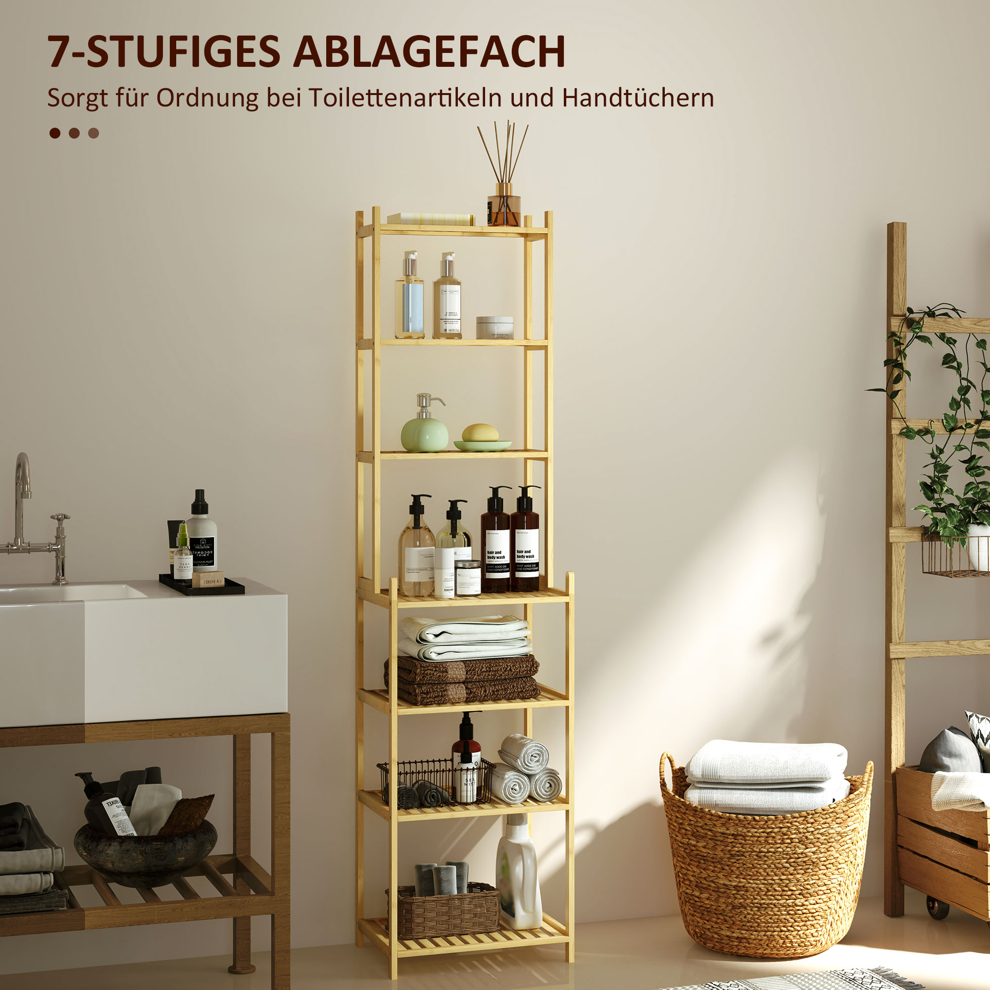 Badezimmerregal mit 7 Ebenen, Badregal aus Bambus, wasserfest, robust, 180 cm