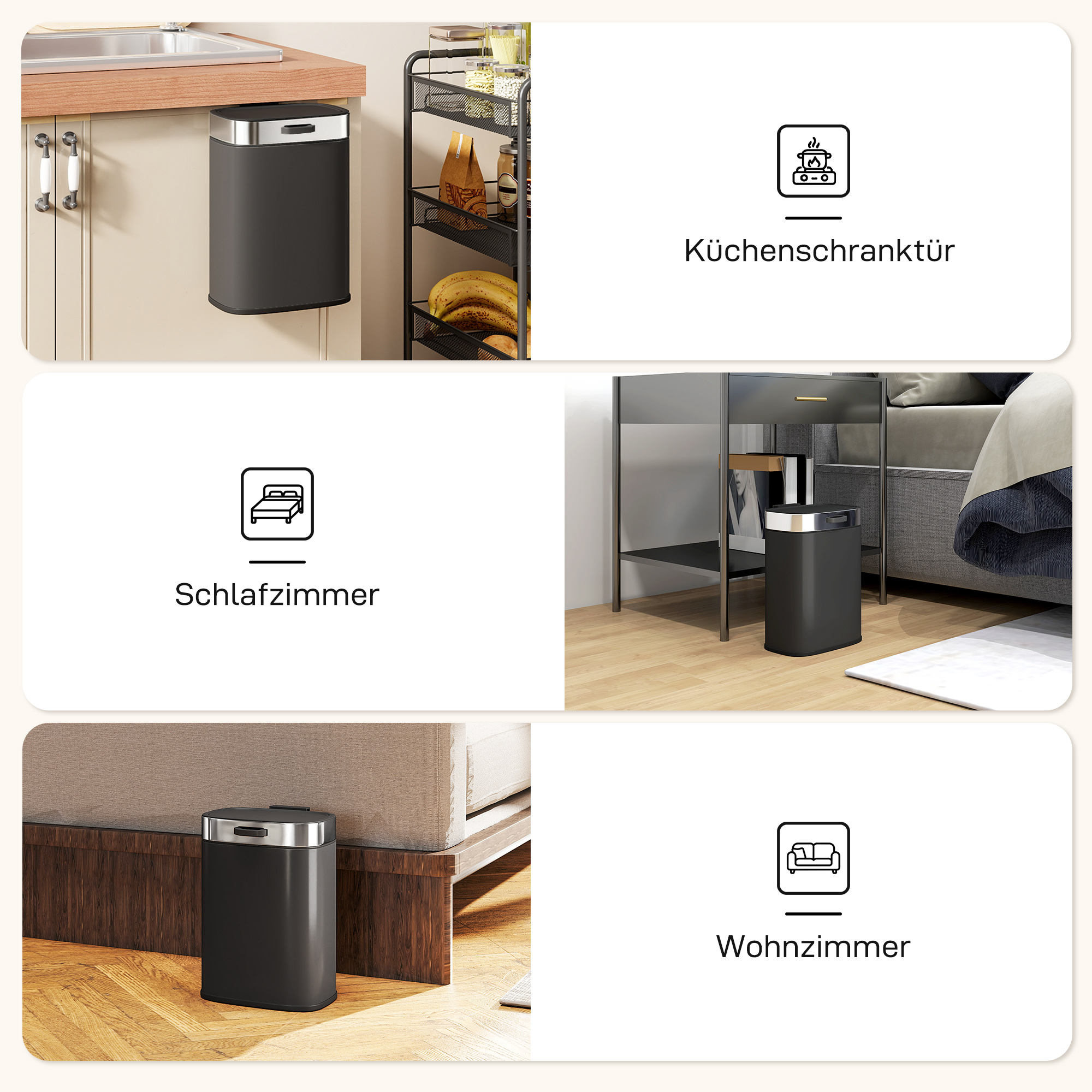 Mülleimer, Edelstahl Küchenmülleimer mit offen bleibendem Deckel, herausnehmbarer Inneneimer, 21,5x19,5x30 cm, Schwarz