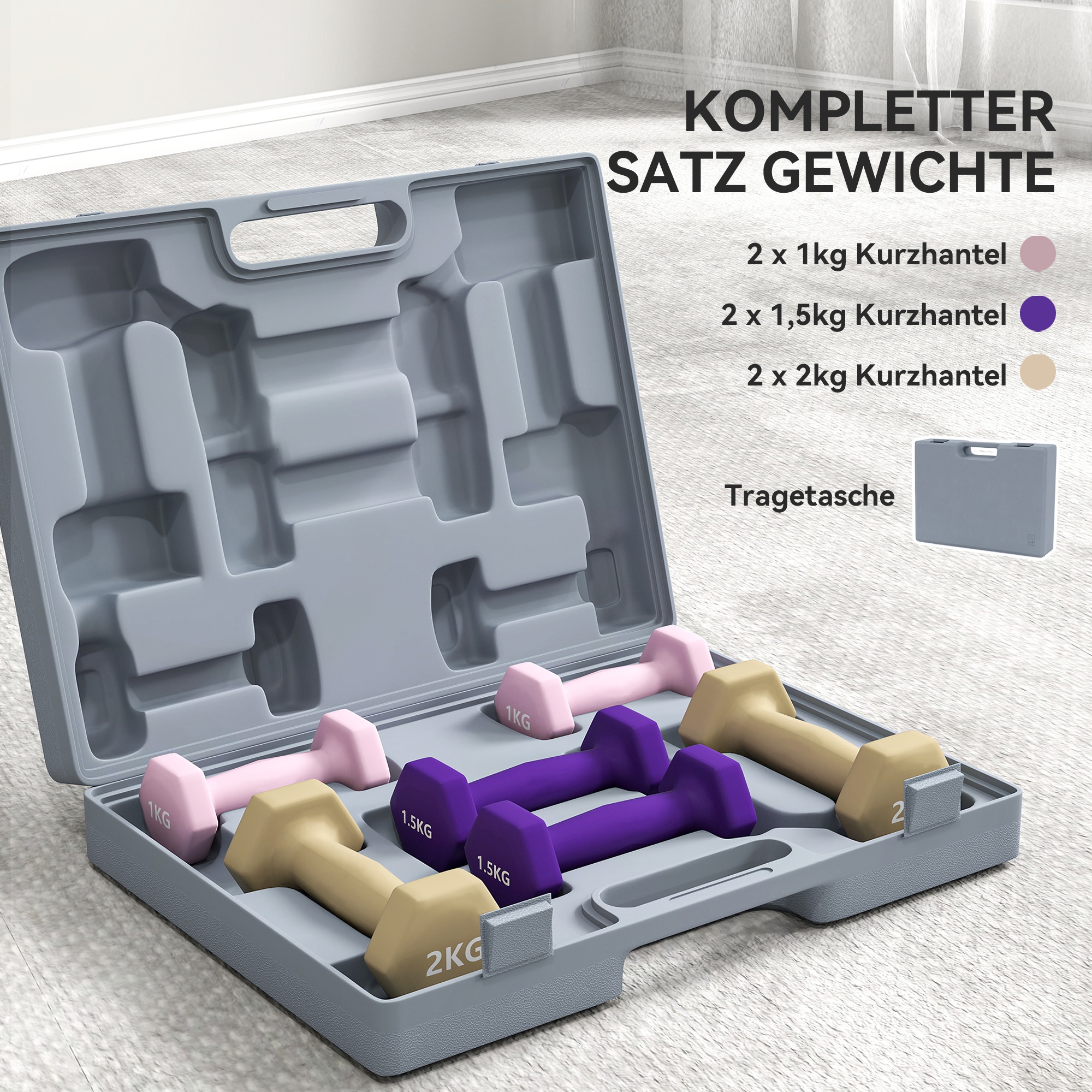 Hantelset, 6er Set Hanteln mit Gewichten, Kurzhantelset aus Stahl, 1kg, 1,5kg, 2kg