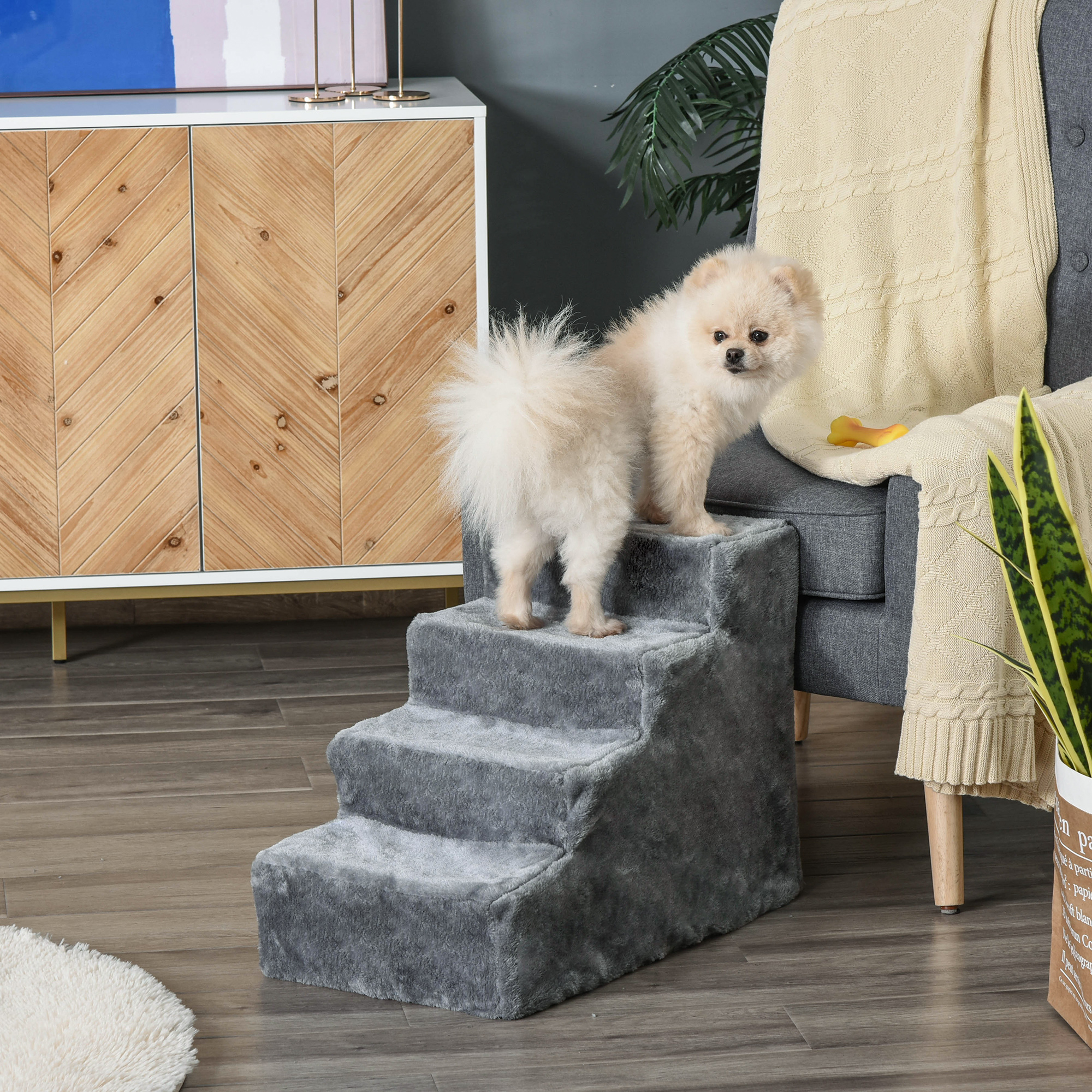Hundetreppe 4-stufig, 35 cm Katzentreppe für Bett und Sofa, Haustiertreppe für Hunde und Katzen bis 5 kg, Plüschoptik, Hellgrau