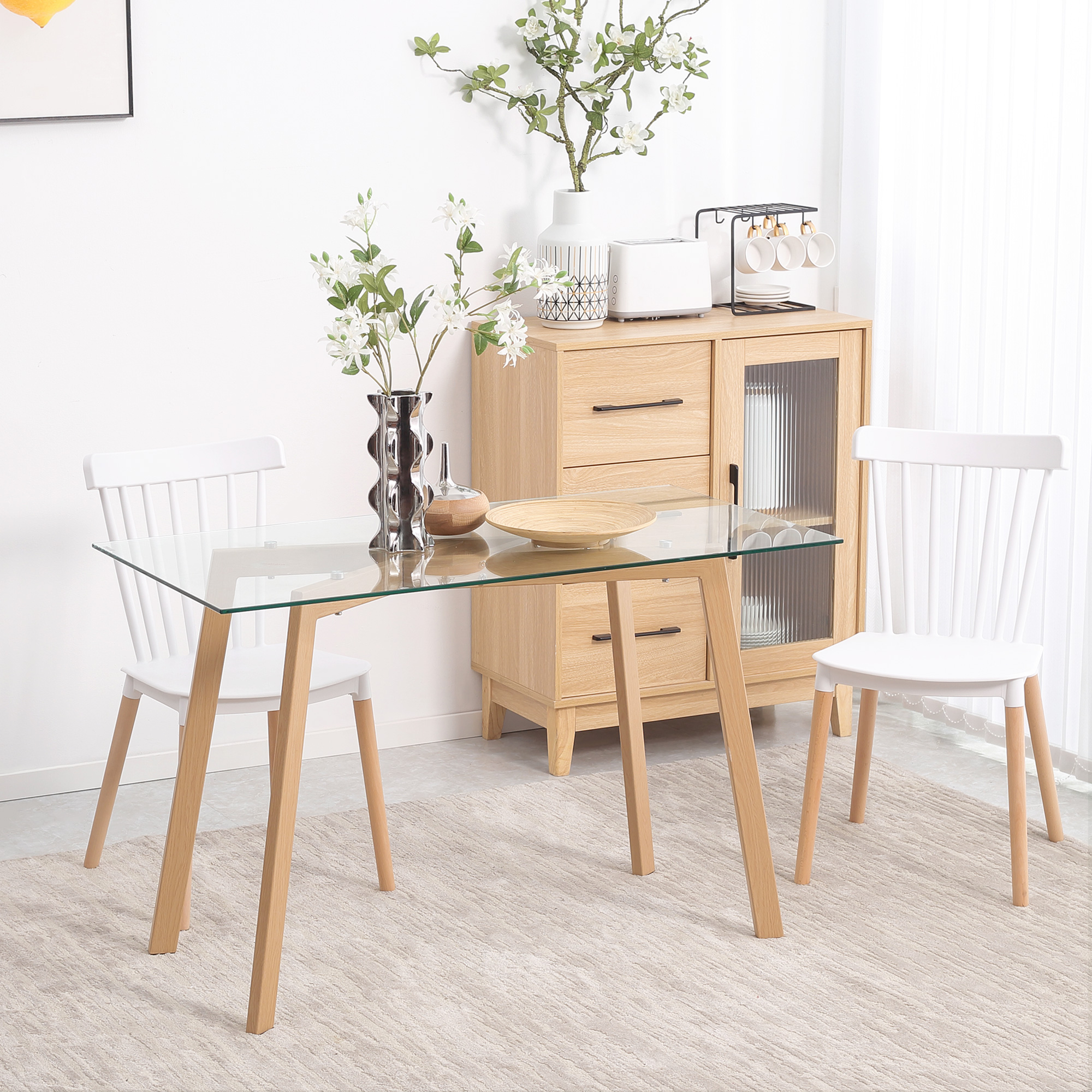 Esstisch für 4 Personen, Glasplatte, Stahlgestell, Holzoptik, 120L x 60B x 76H cm