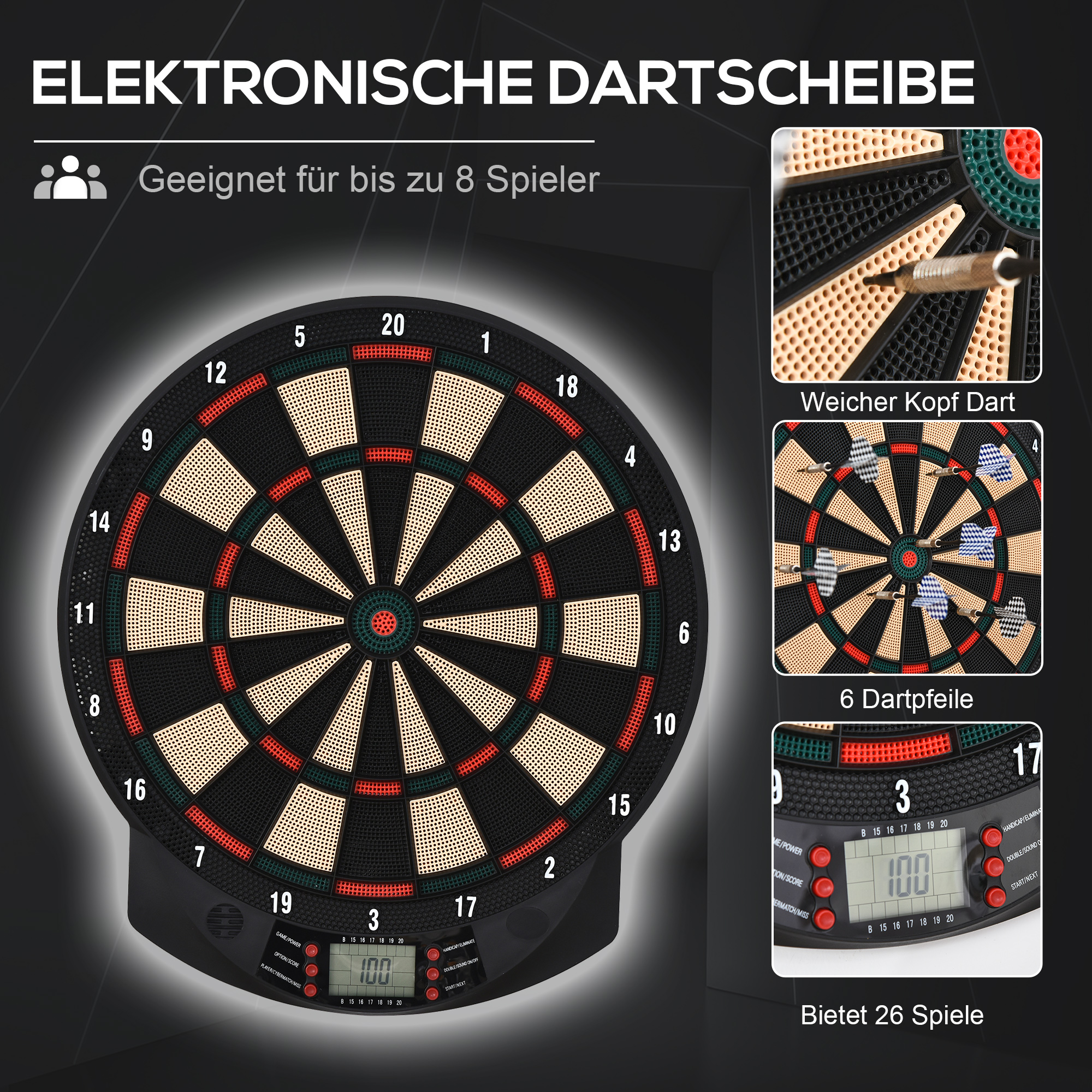 Elektronische Dartscheibe automatische Wertung Dartboard Dart-set mit 6 Darts 30 Dartköpfe 26 Spiele und 185 Trefferoptionen für 8 Spieler Soundeffekte Schwarz 44 x 39,5 x 2,2 cm