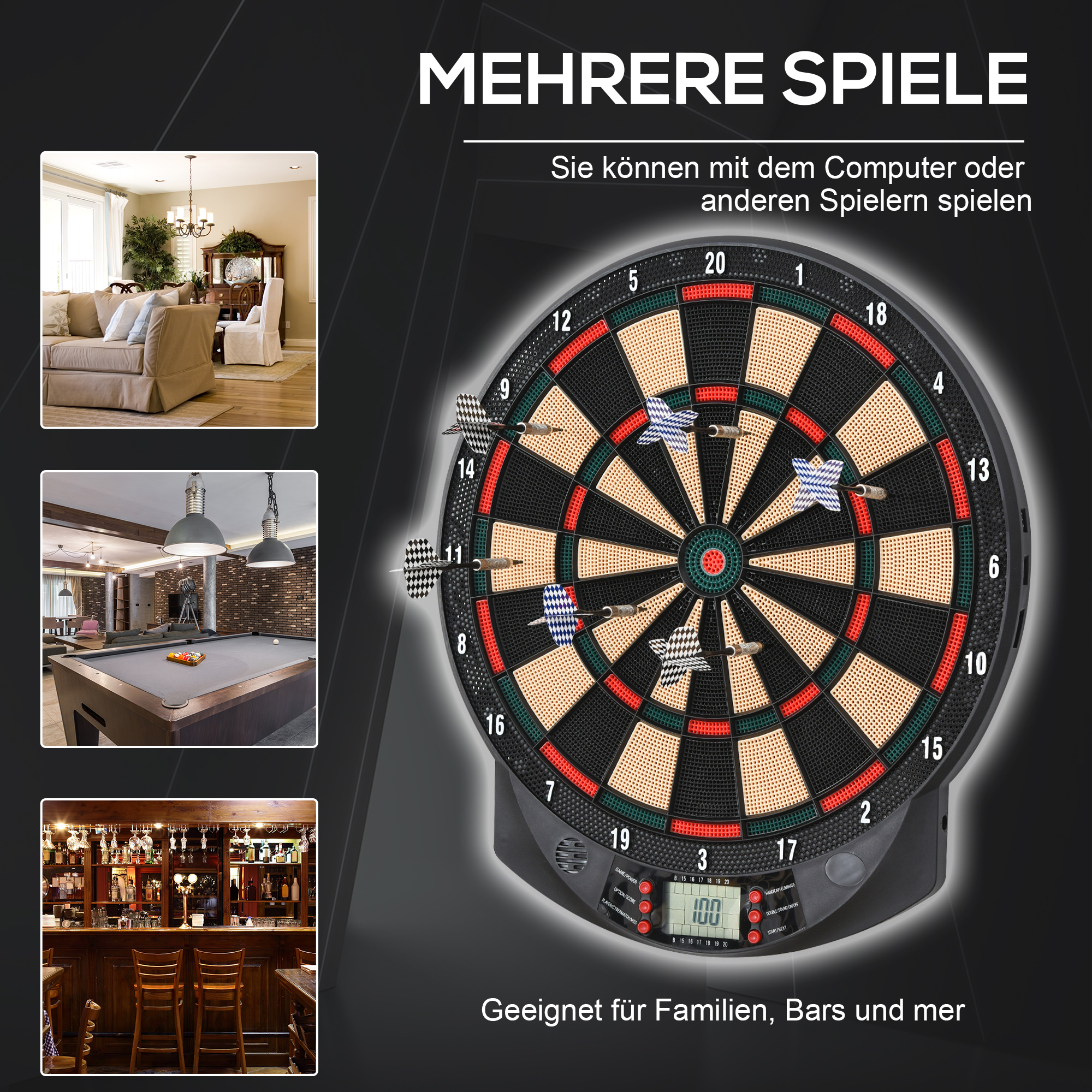 Elektronische Dartscheibe automatische Wertung Dartboard Dart-set mit 6 Darts 30 Dartköpfe 26 Spiele und 185 Trefferoptionen für 8 Spieler Soundeffekte Schwarz 44 x 39,5 x 2,2 cm