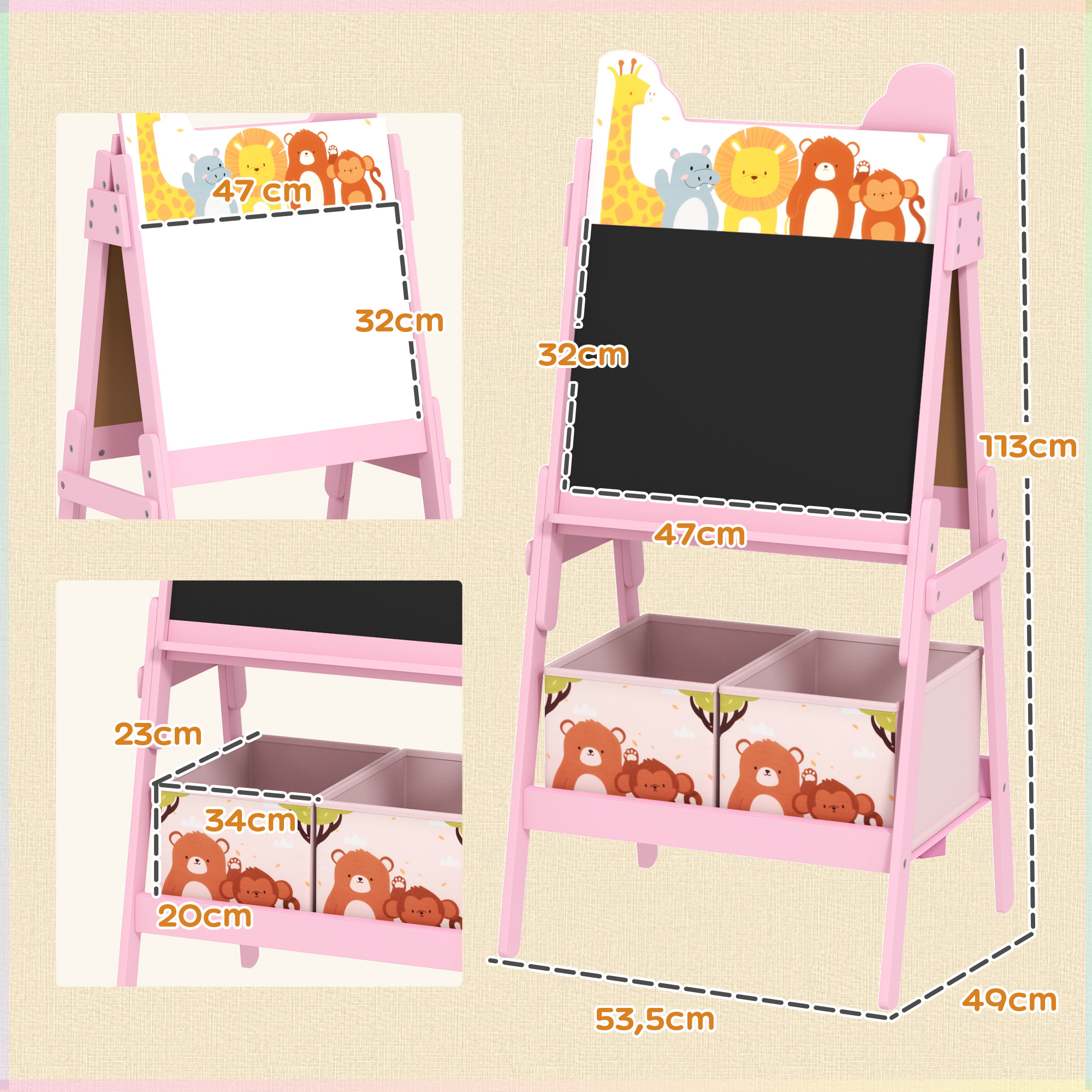 2-in-1 Kindermalstaffelei mit Whiteboard, Kreidetafel, Aufbewahrungsboxen, für Kinder im Alter von 3-8 Jahren, Rosa