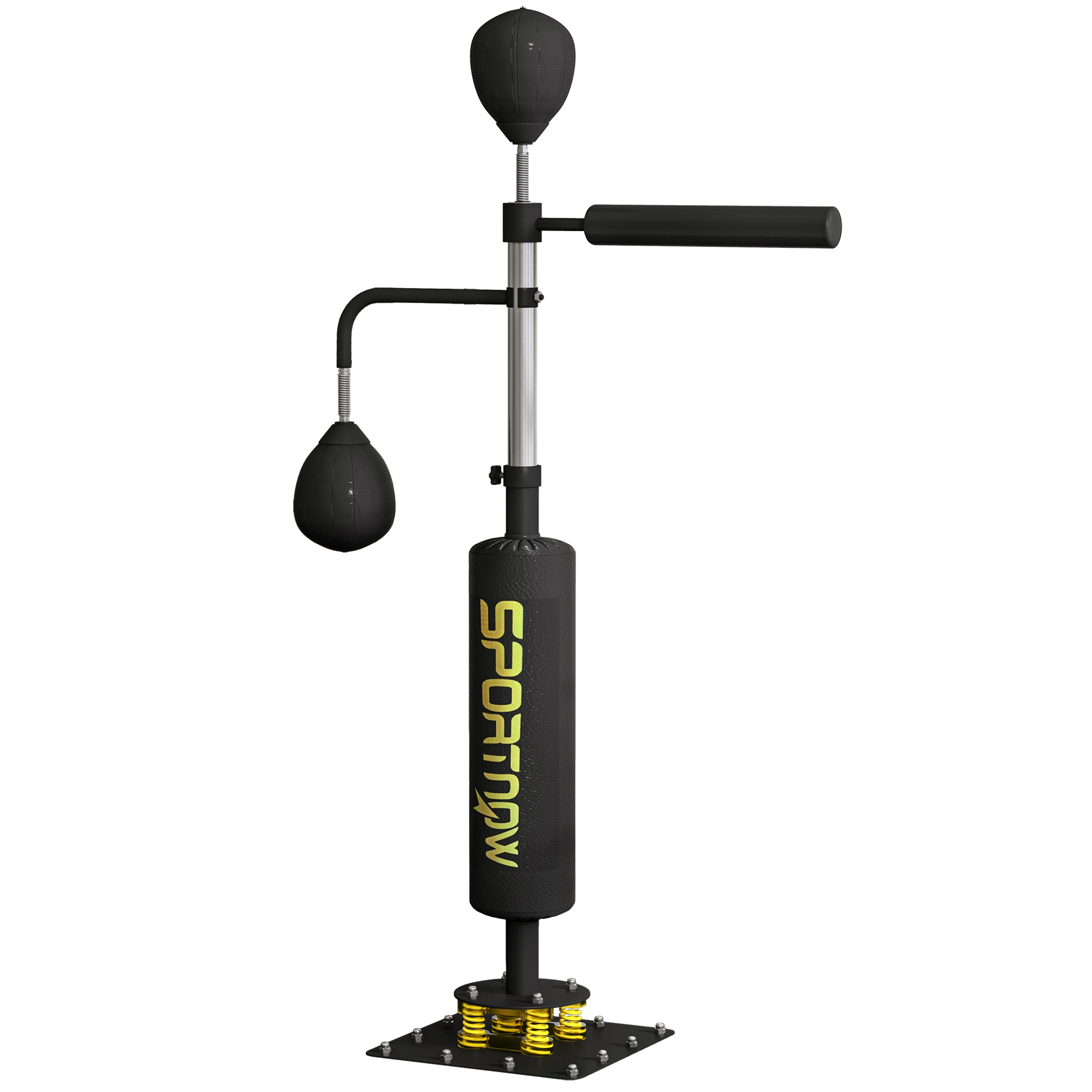 Boxstand, zwei Speedballs, drehbare Boxstange, Kickpolster, höhenverstellbar, Stahl, 107 x 36 x 140-205 cm, Schwarz