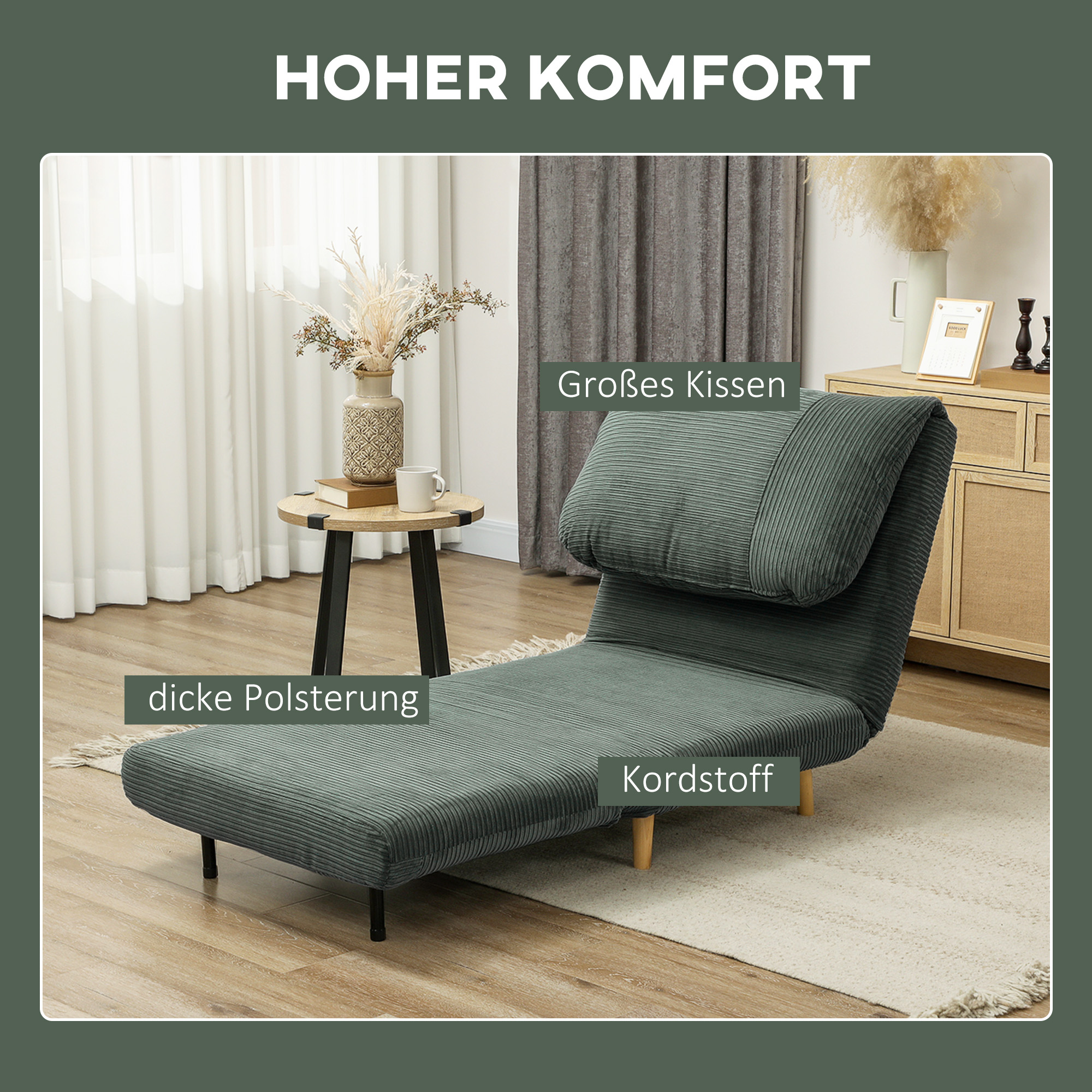 2-in-1 Schlafsessel Gästebett, verstellbare  Kopfstütze Cord-Optik 82 cm x 8 cm x 83 cm Grün