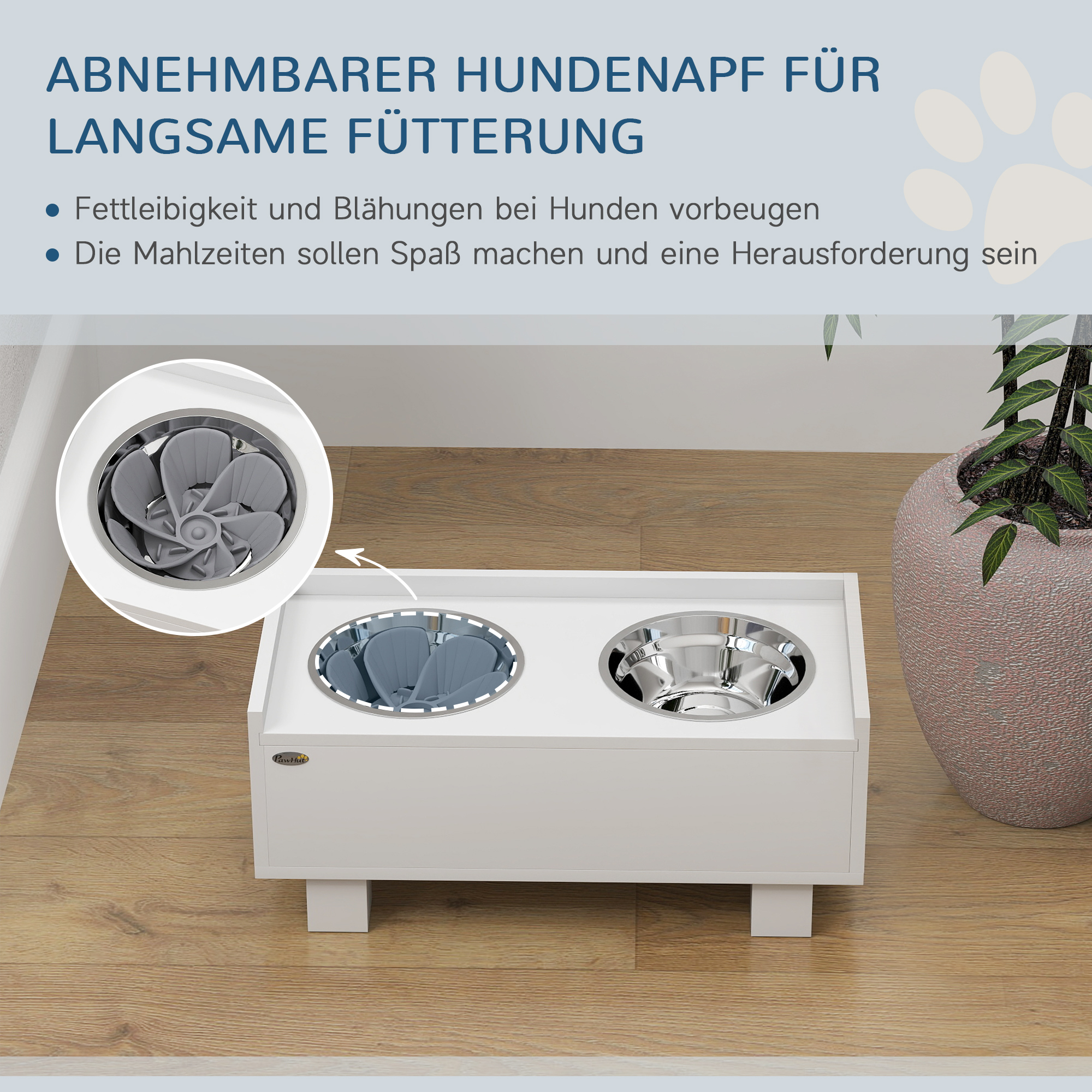 erhöhte Fütterungsstation für Hunde, mit abnehmbarer Slow-Feeder-Matte, 2 Aluminiumschüsseln, Stauraum, Weiß